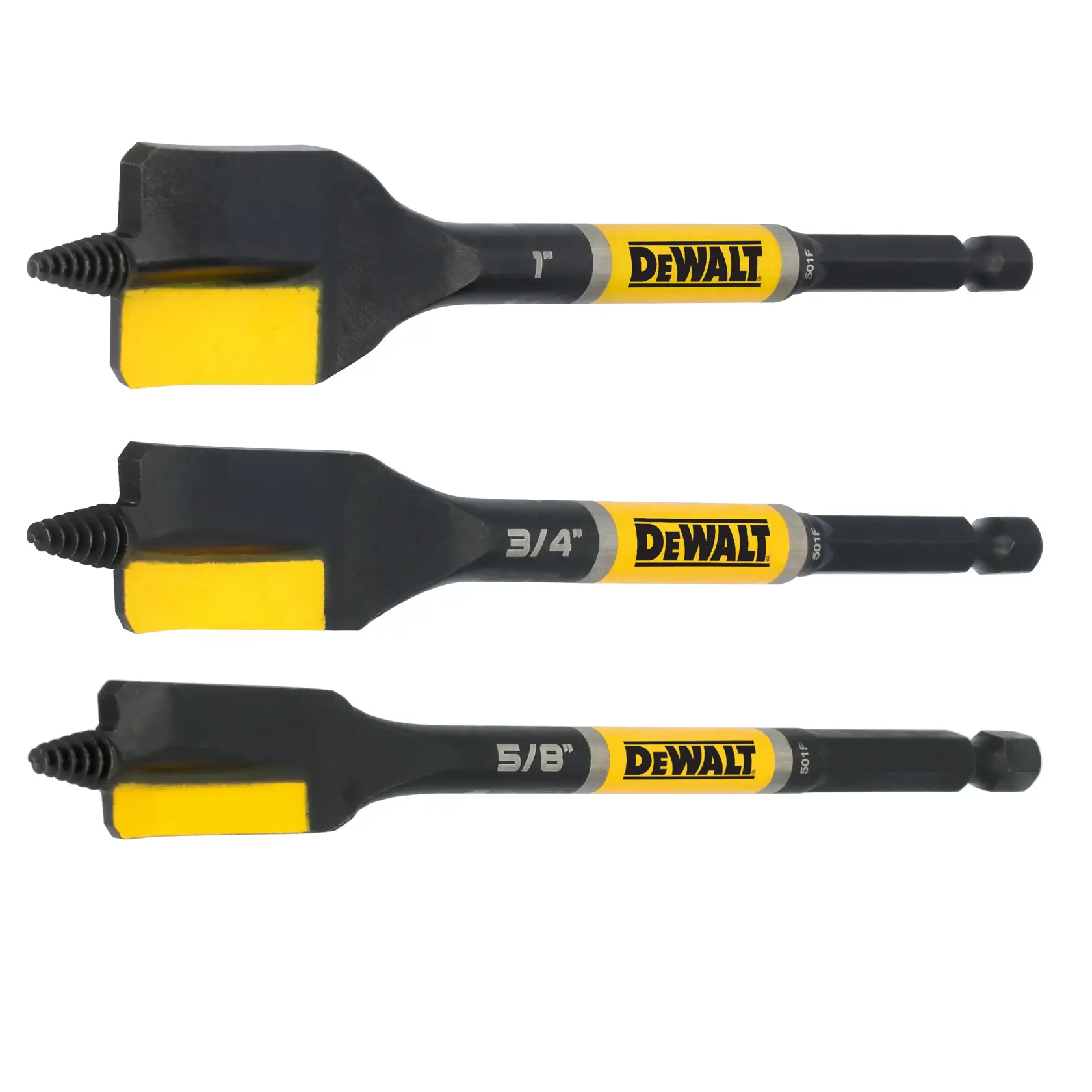 Three DEWALT branded drill bits with yellow and black coloring, labeled with sizes 1 inch, 3/4 inch, and 5/8 inch.