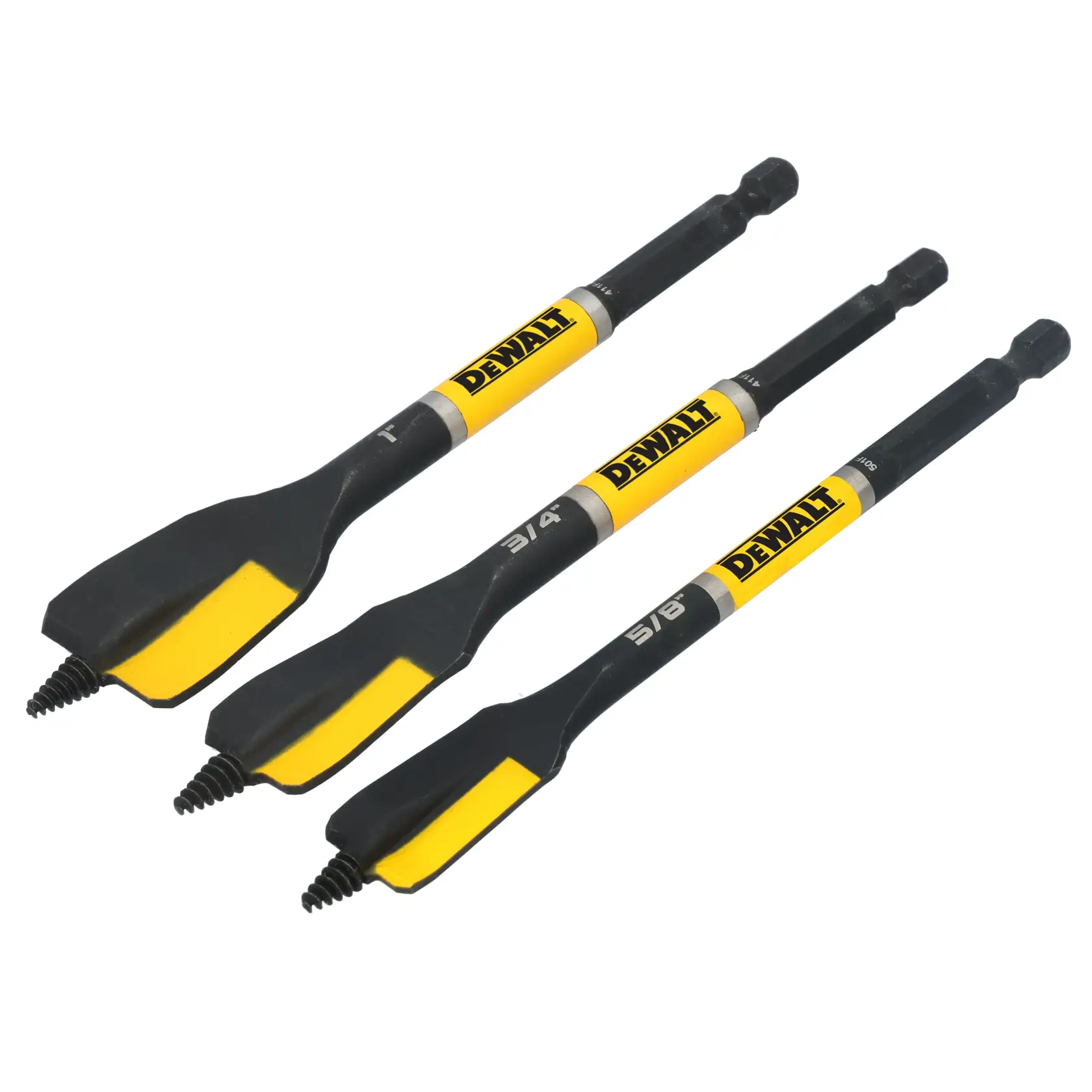 Three DEWALT wood drill bits with flat spade shape and yellow and black color, each with a screw tip, labeled with different sizes.