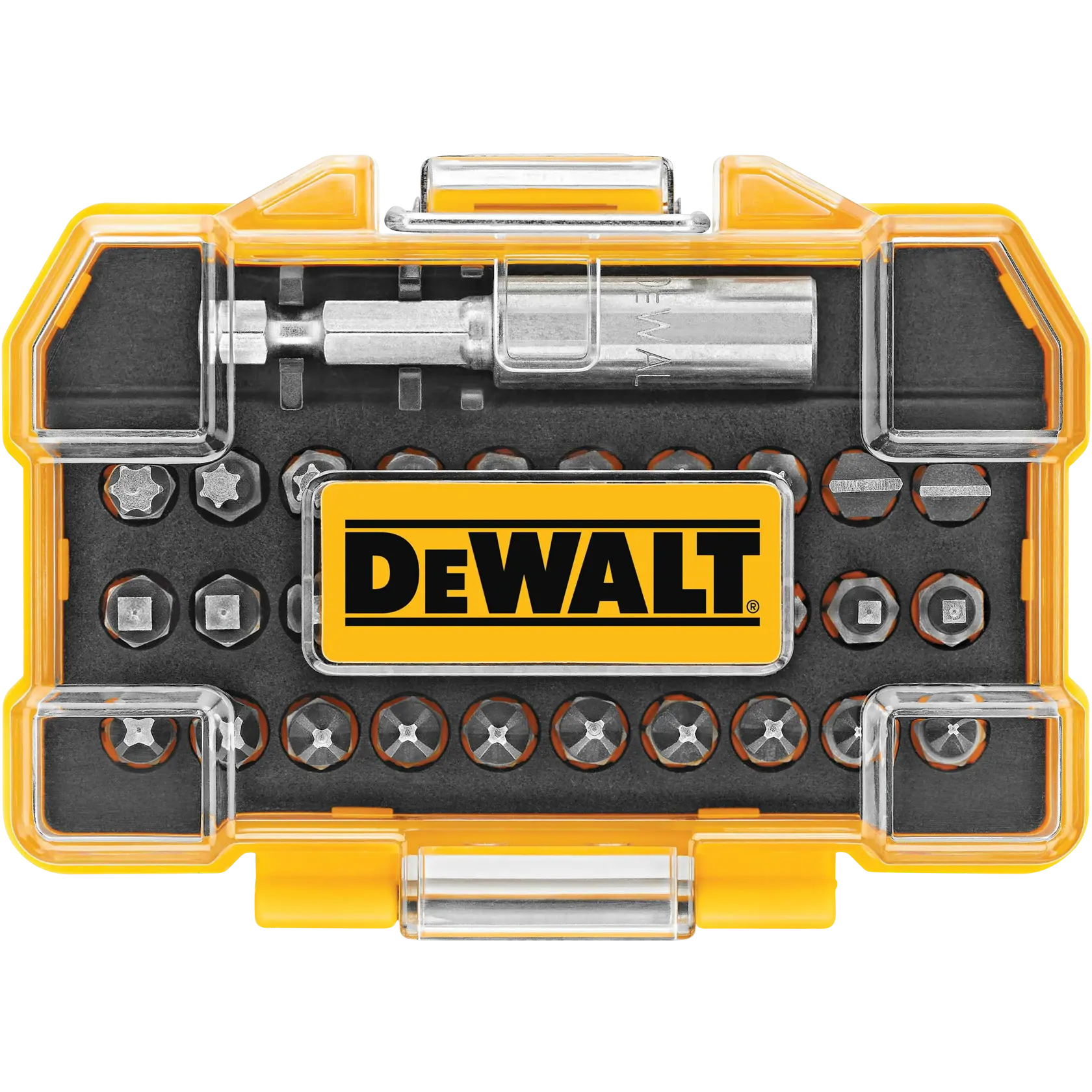 A DEWALT branded yellow and black plastic case containing a set of assorted screwdriver bits and a bit holder, neatly arranged in dedicated slots.