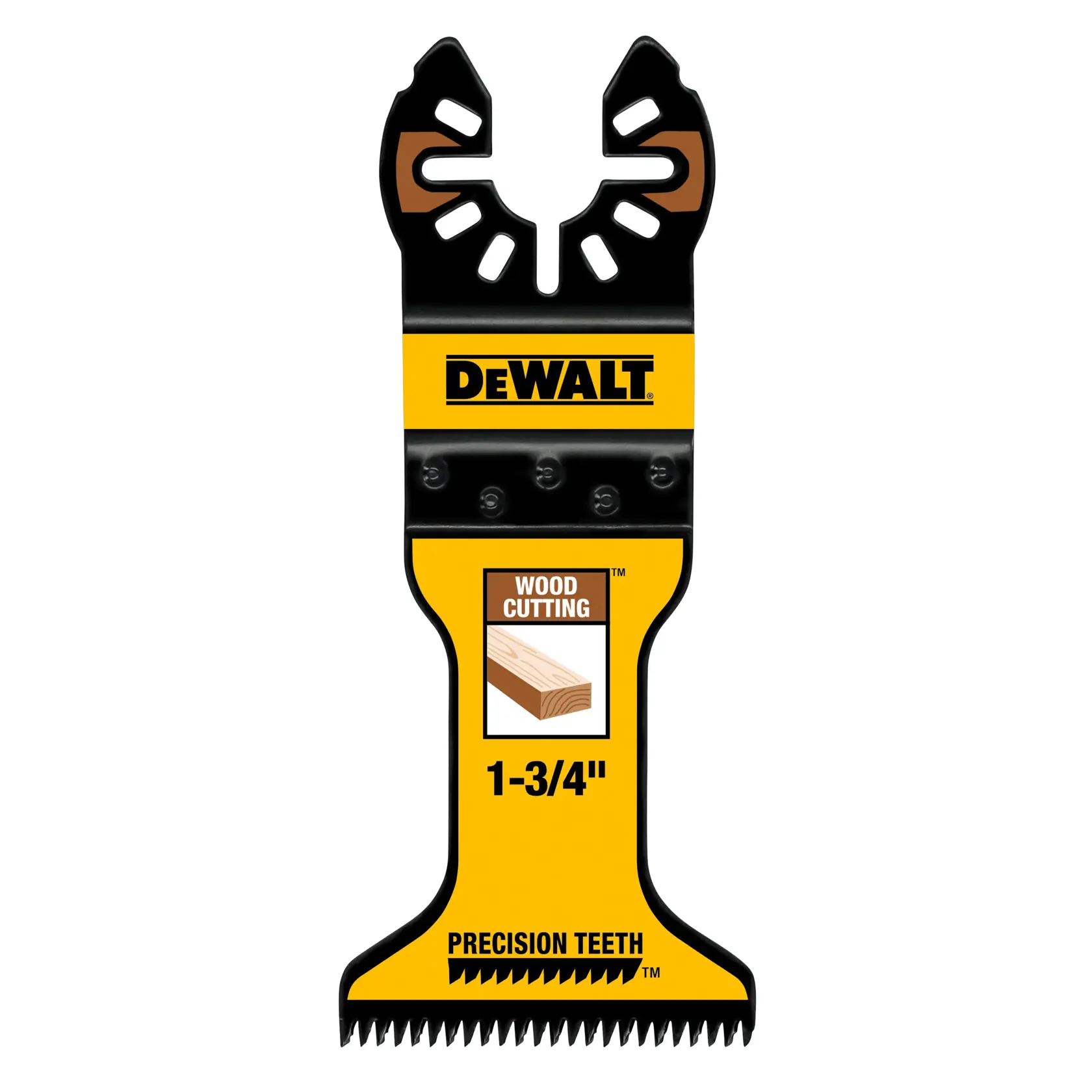 DEWALT wood cutting precision teeth blade attachment for oscillating tools, 1-3/4 inch size, yellow and black color with DEWALT branding.
