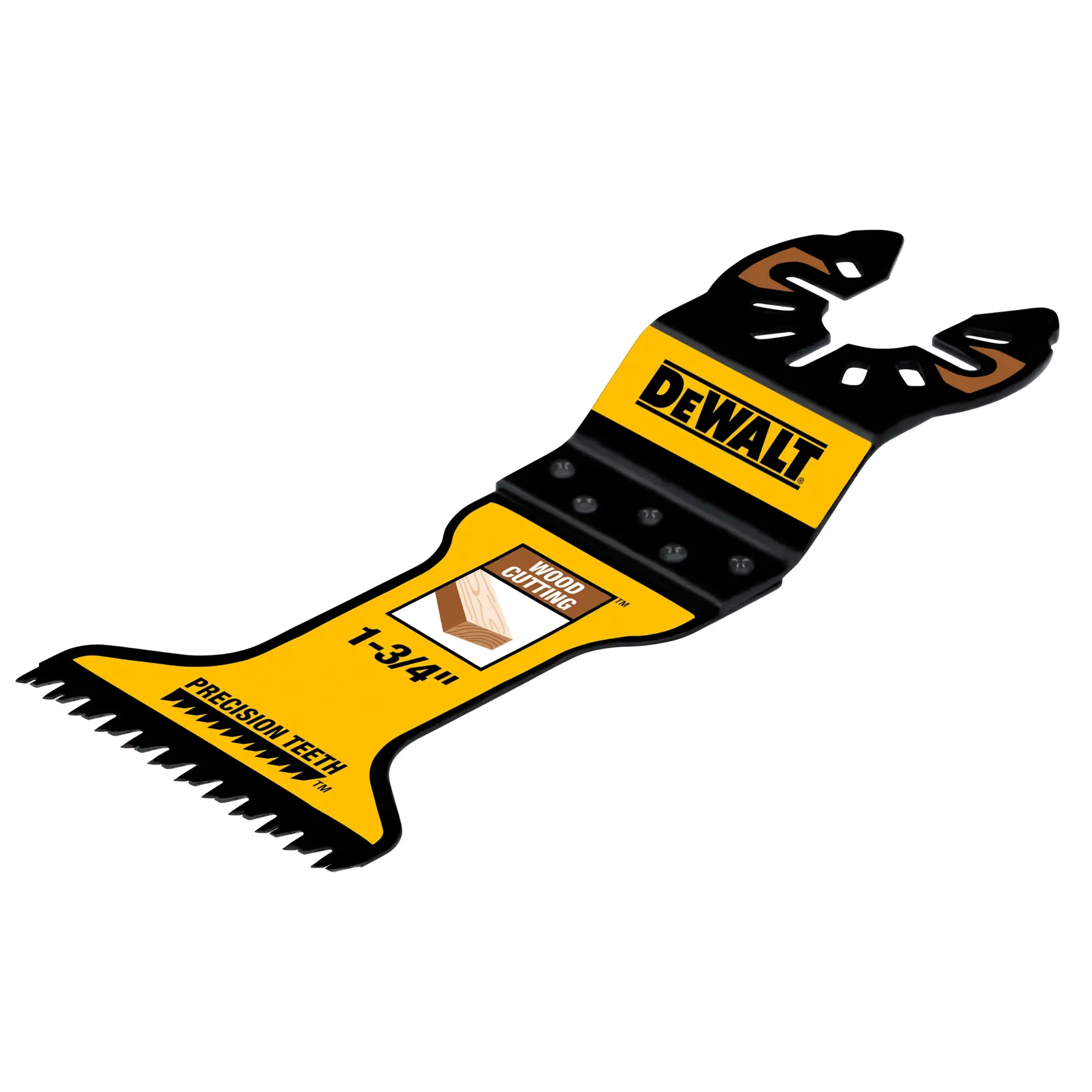 A DEWALT branded wood cutting oscillating tool blade with precision teeth, labeled 1-3/4 inch, designed for woodworking.