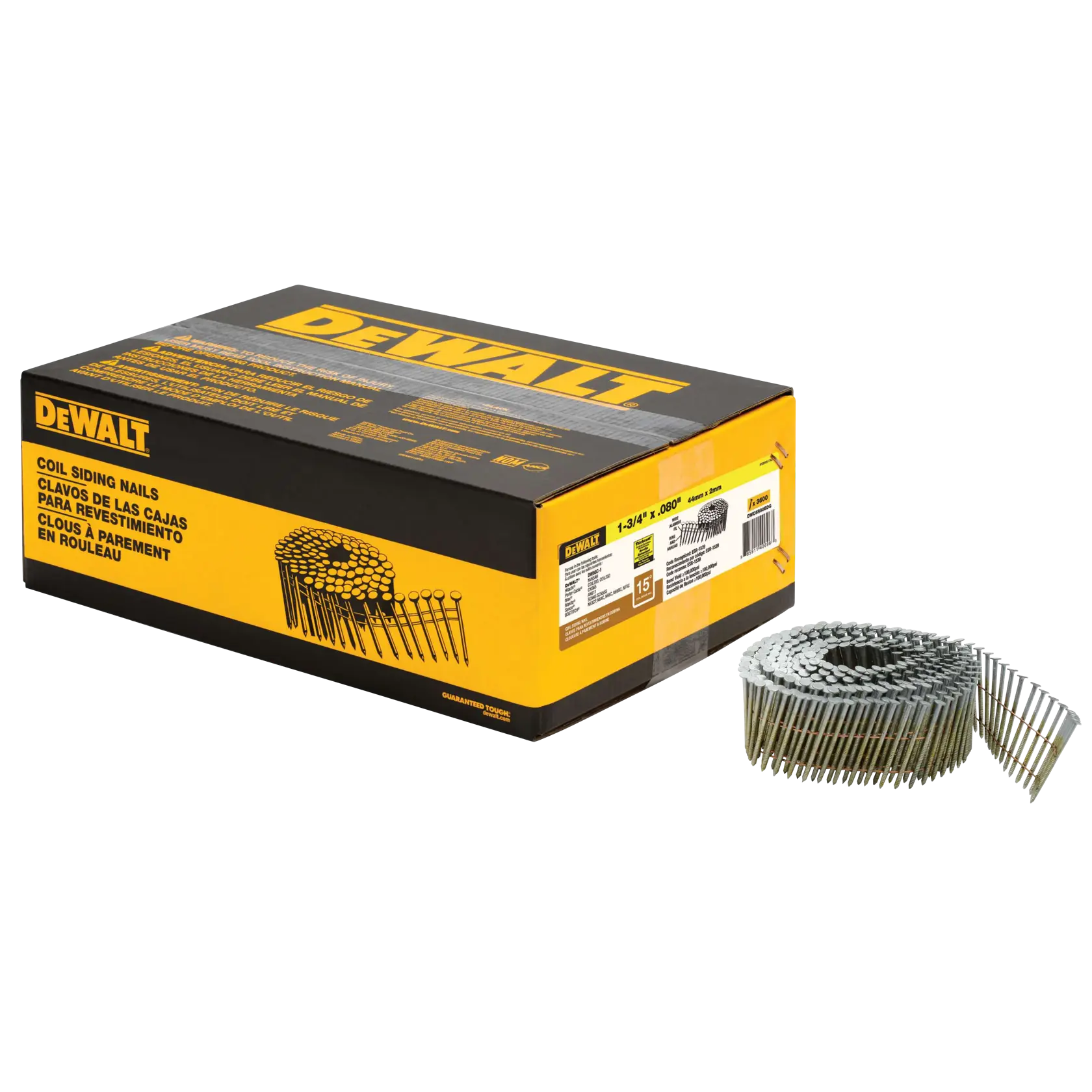 A box of DEWALT coil siding nails with a coil of nails placed next to it. The packaging is black and yellow, displaying product information and illustrations of nails.