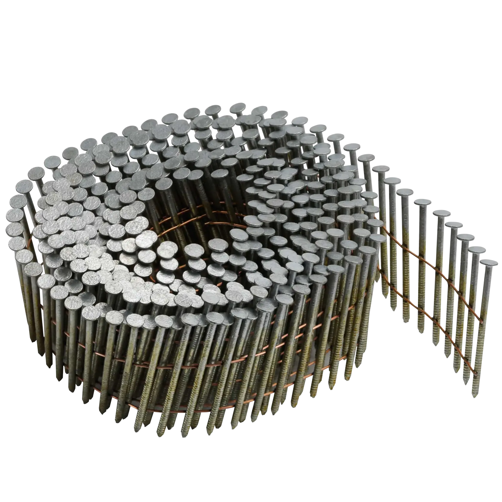 A coil of collated nails used for nail guns, arranged in a spiral with metal wires holding them together.