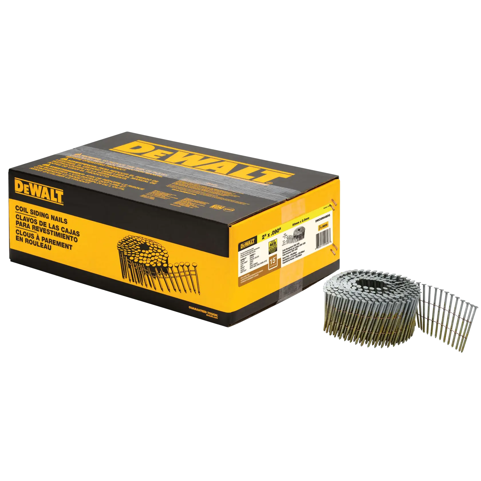 A box of DEWALT coil siding nails with a coil of nails placed next to it. The packaging is yellow and black and shows product information and illustrations.