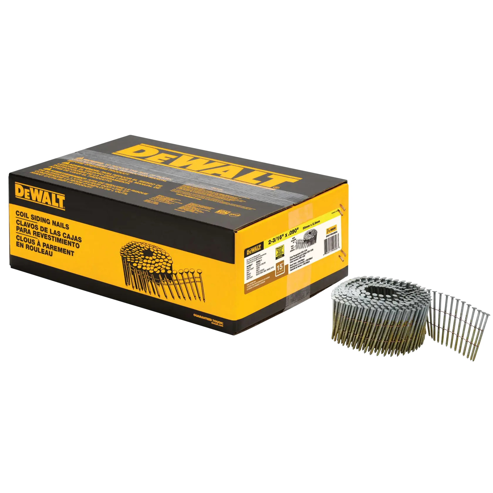 A yellow and black DEWALT box of coil siding nails with a roll of nails placed next to it. The packaging displays product information and branding clearly.