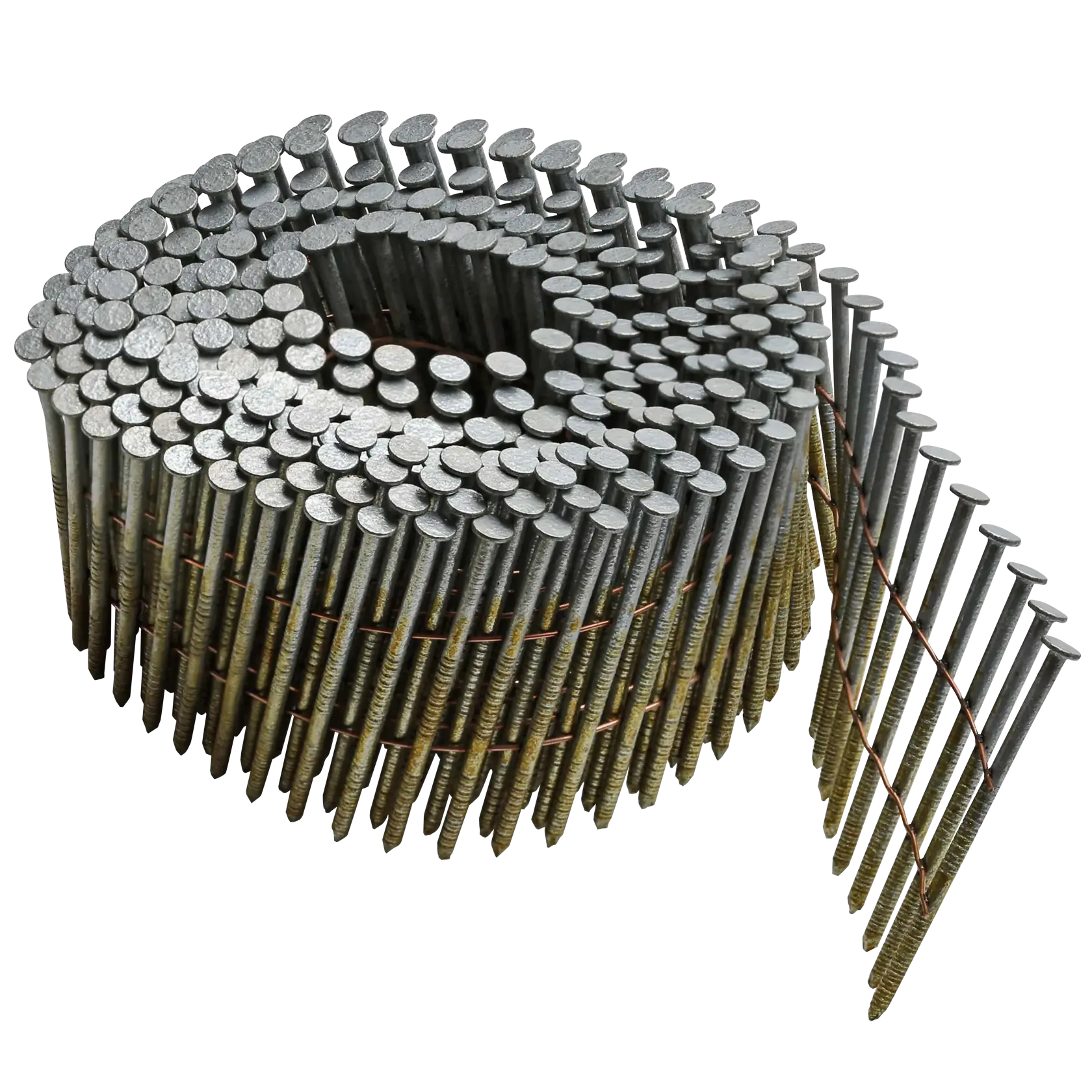 A close-up image of a coiled strip of nails used for nail guns. The nails are arranged in a spiral, connected by thin wire, and have flat heads.