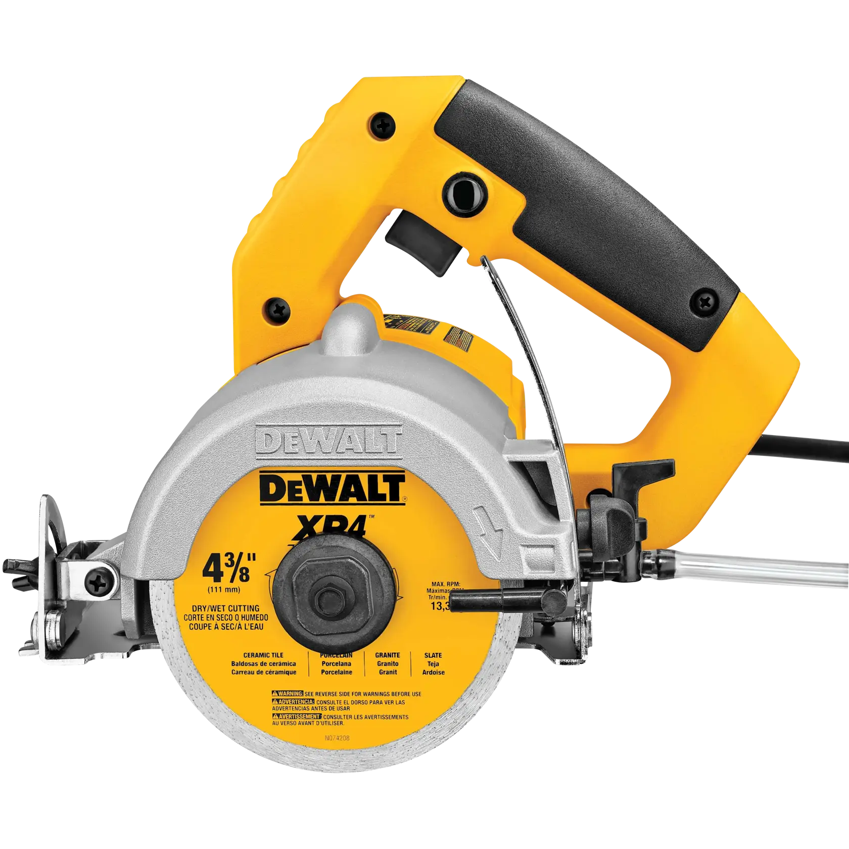 Close-up image of a DEWALT DWC860W handheld circular saw with a yellow and black handle. The saw features a 4-3/8 inch blade designed for cutting ceramic tile, granite, and slate. The DEWALT branding and specifications are visible on the blade and body.