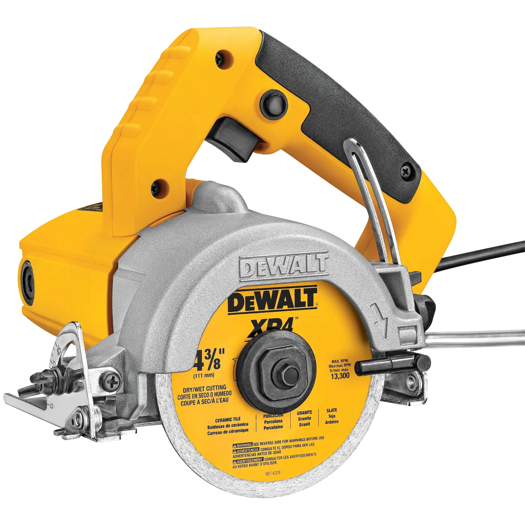 A DEWALT DWC860W handheld tile saw with a yellow and silver design, featuring a circular blade labeled for cutting ceramic, granite, and slate tiles. The tool has a comfortable black and yellow handle and is equipped for dry or wet cutting.