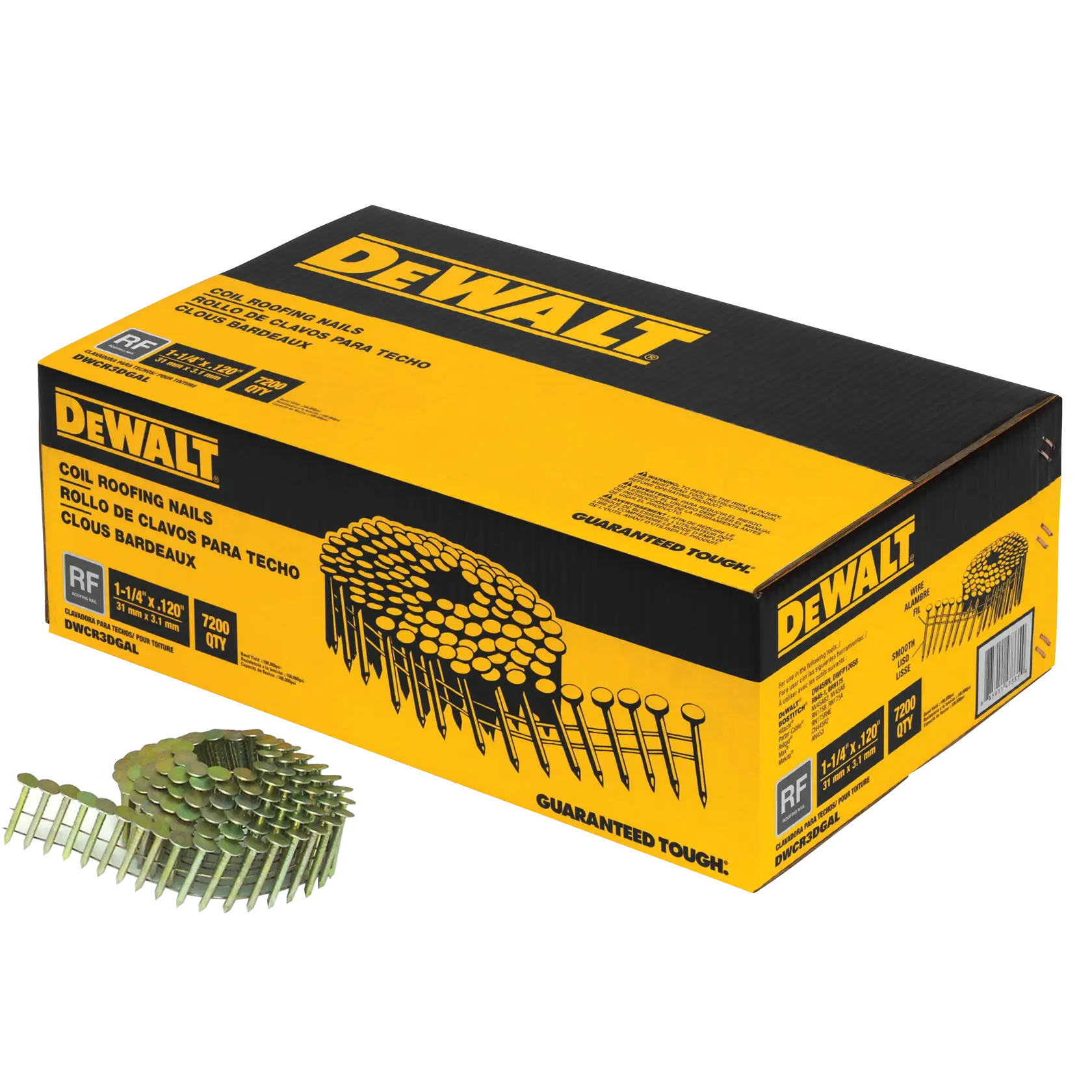 A yellow and black box of DEWALT coil roofing nails with a coil of nails placed in front of the box. Product details and branding are visible on the packaging.