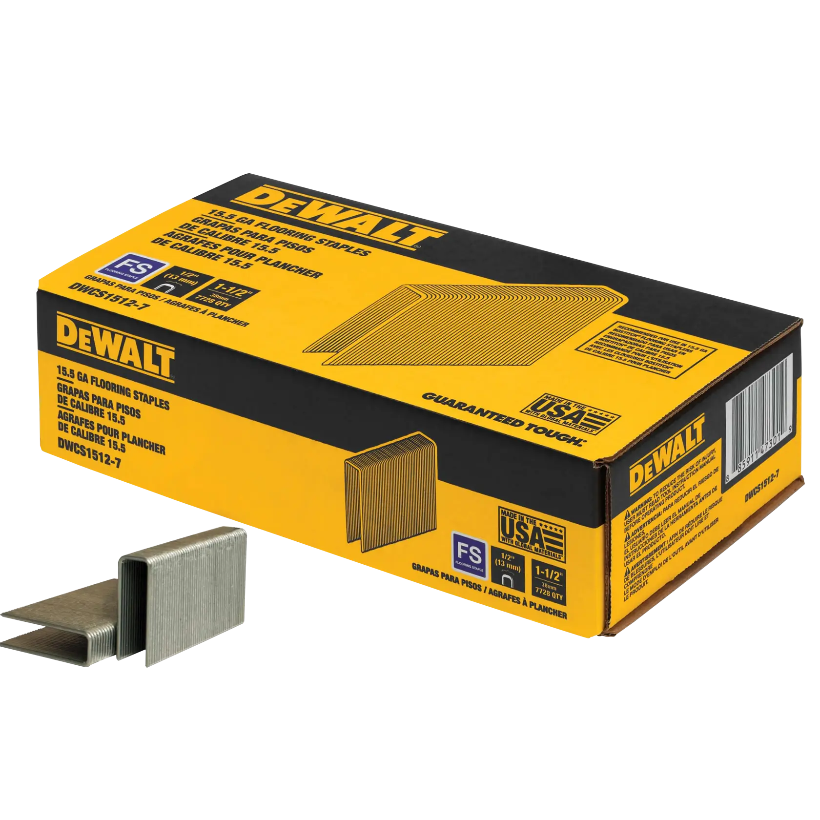 A box of DEWALT 15.5 gauge flooring staples, SKU DWCS1512-7, with the staples shown in front of the packaging. The box is yellow and black with product information and illustrations of the staples.