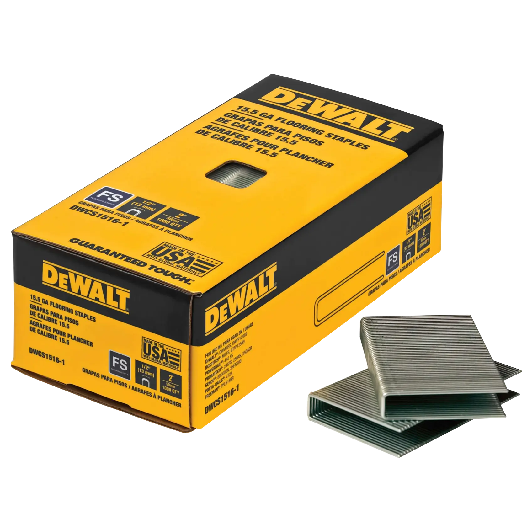 A box of DEWALT 15.5 gauge flooring staples with yellow and black branding, along with two stacks of metal staples displayed beside the box.
