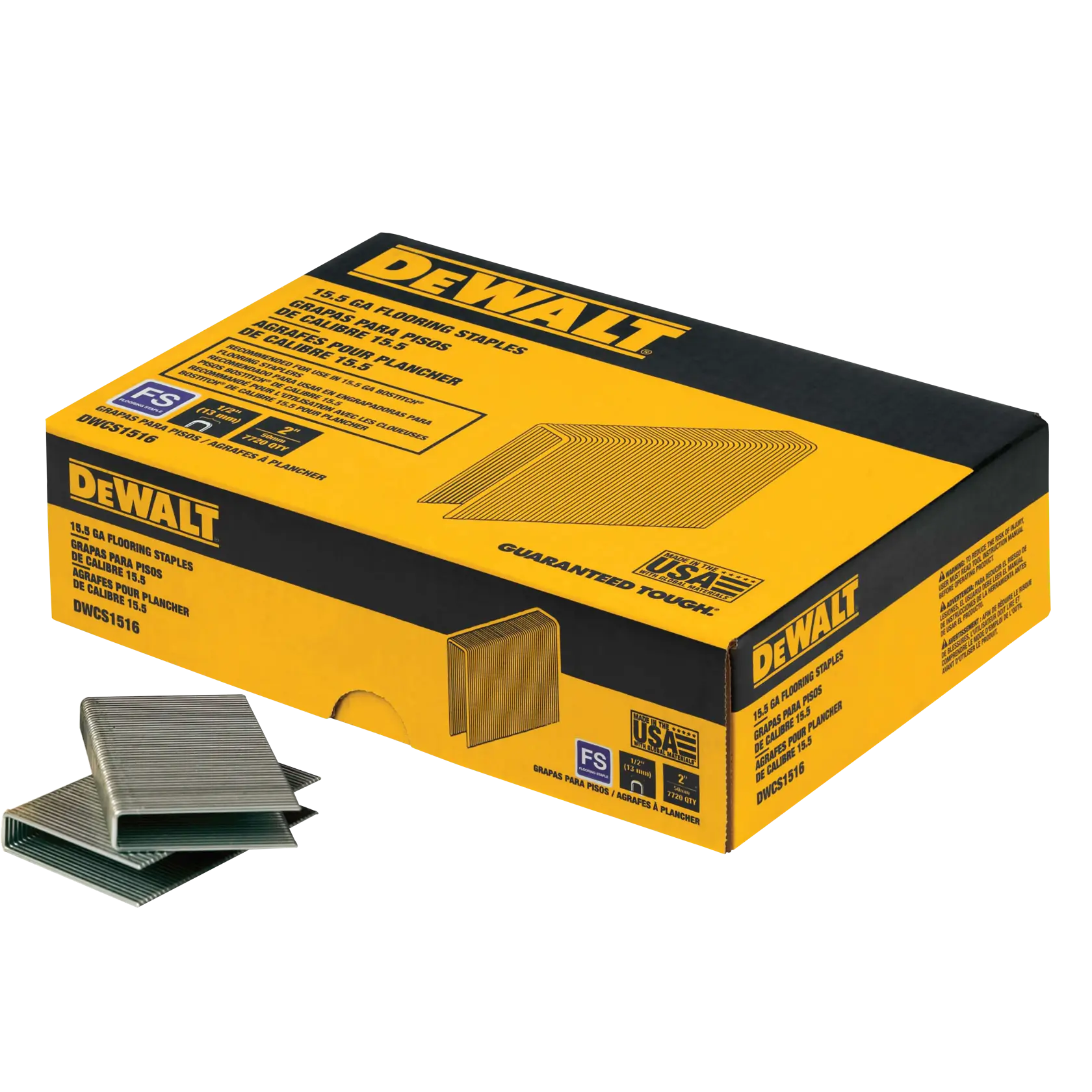 A box of DEWALT 15.5 gauge flooring staples, with some staples displayed next to the box. The packaging is yellow and black, showing product information and the DEWALT logo.