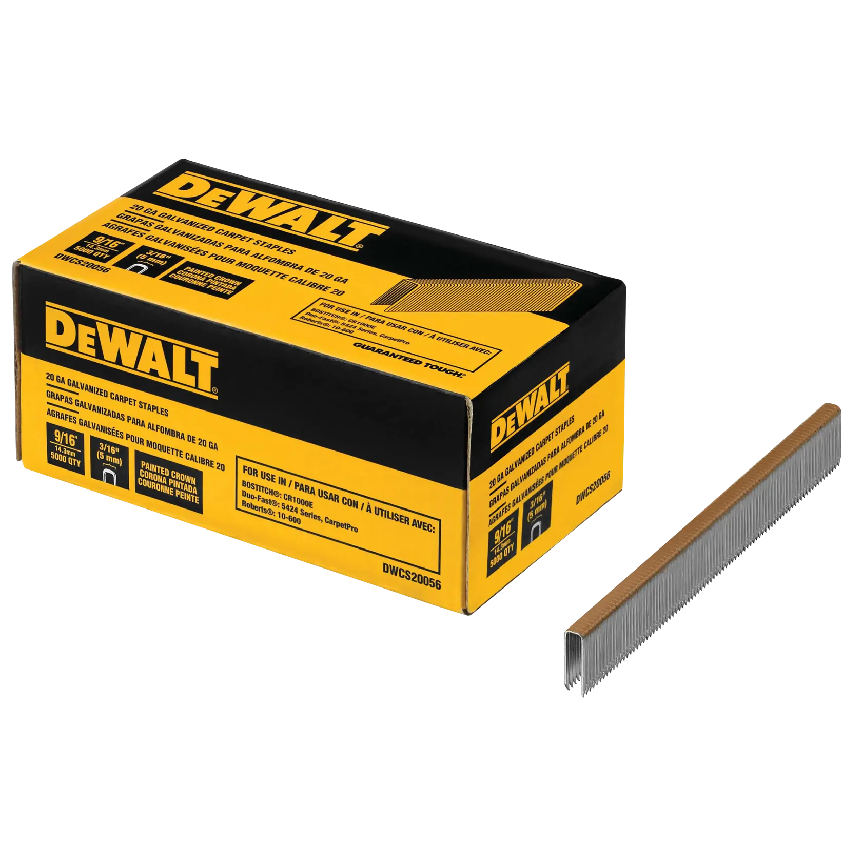 A box of DEWALT 20 GA galvanized carpet staples, with a strip of staples shown next to the box. The packaging is yellow and black, and includes product details such as size and quantity.