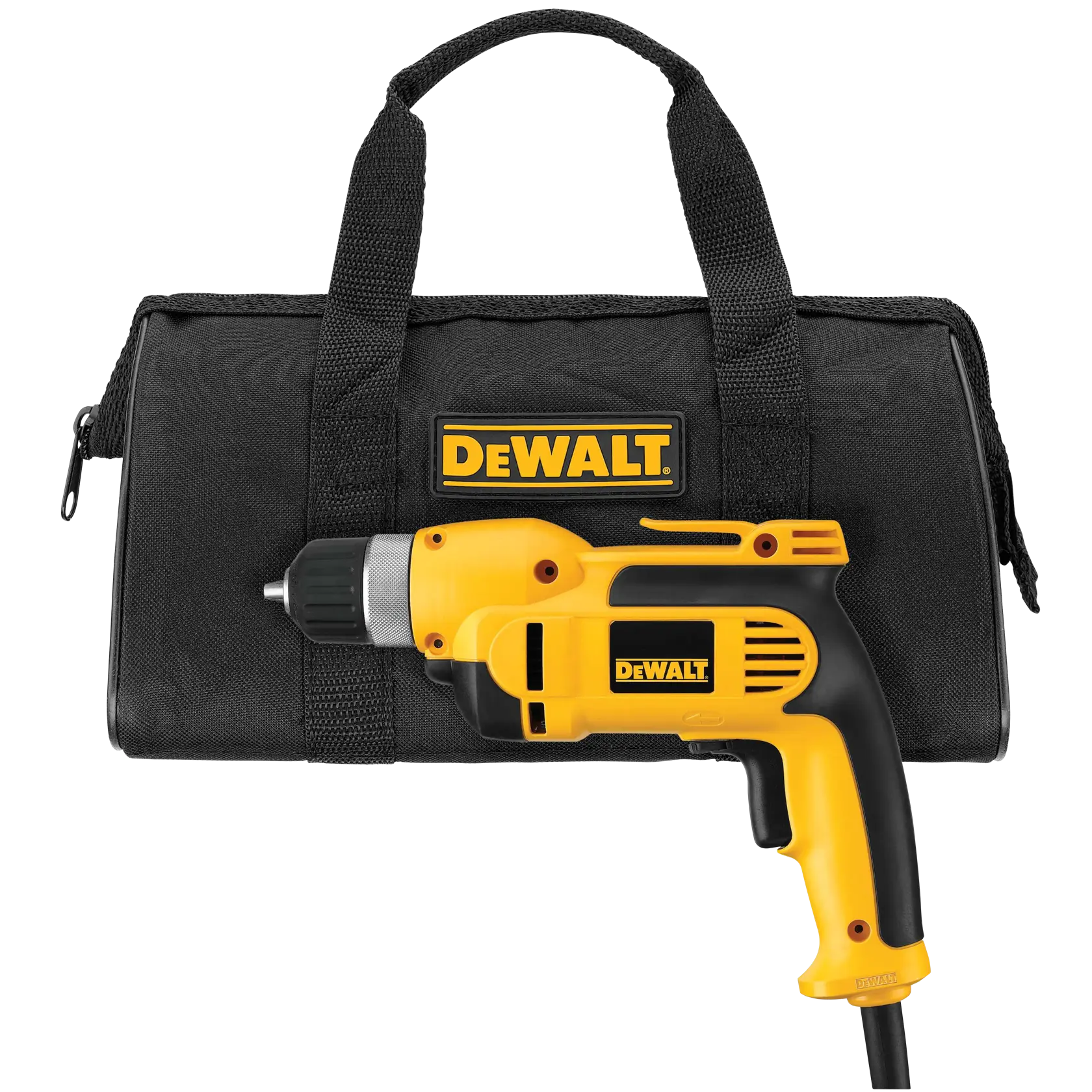 A yellow and black DEWALT corded drill positioned in front of a black DEWALT branded carrying bag.