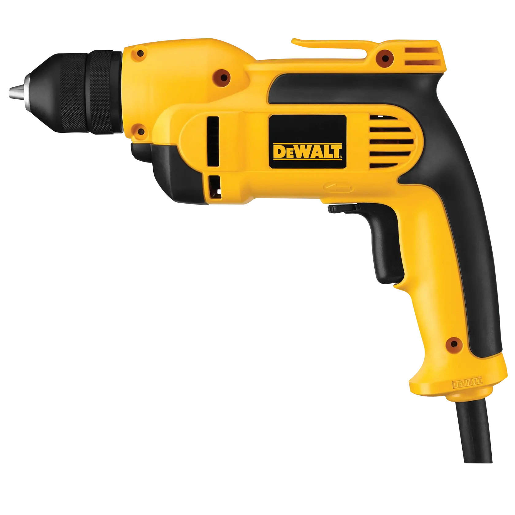 A yellow and black DEWALT corded electric drill with a pistol grip and side vents, shown in profile on a white background.