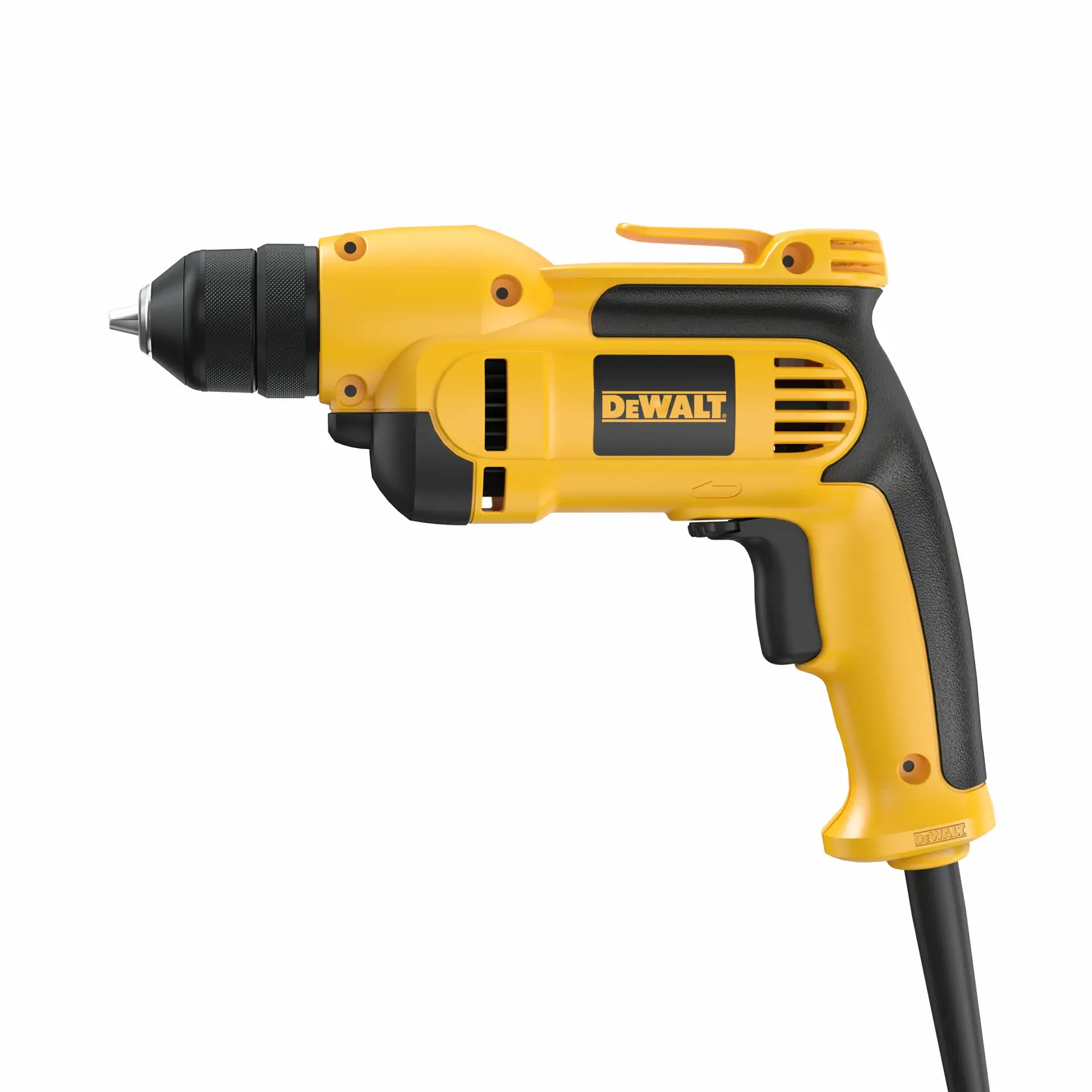 A yellow and black DEWALT corded electric drill with a pistol grip design and a keyless chuck, shown against a white background.