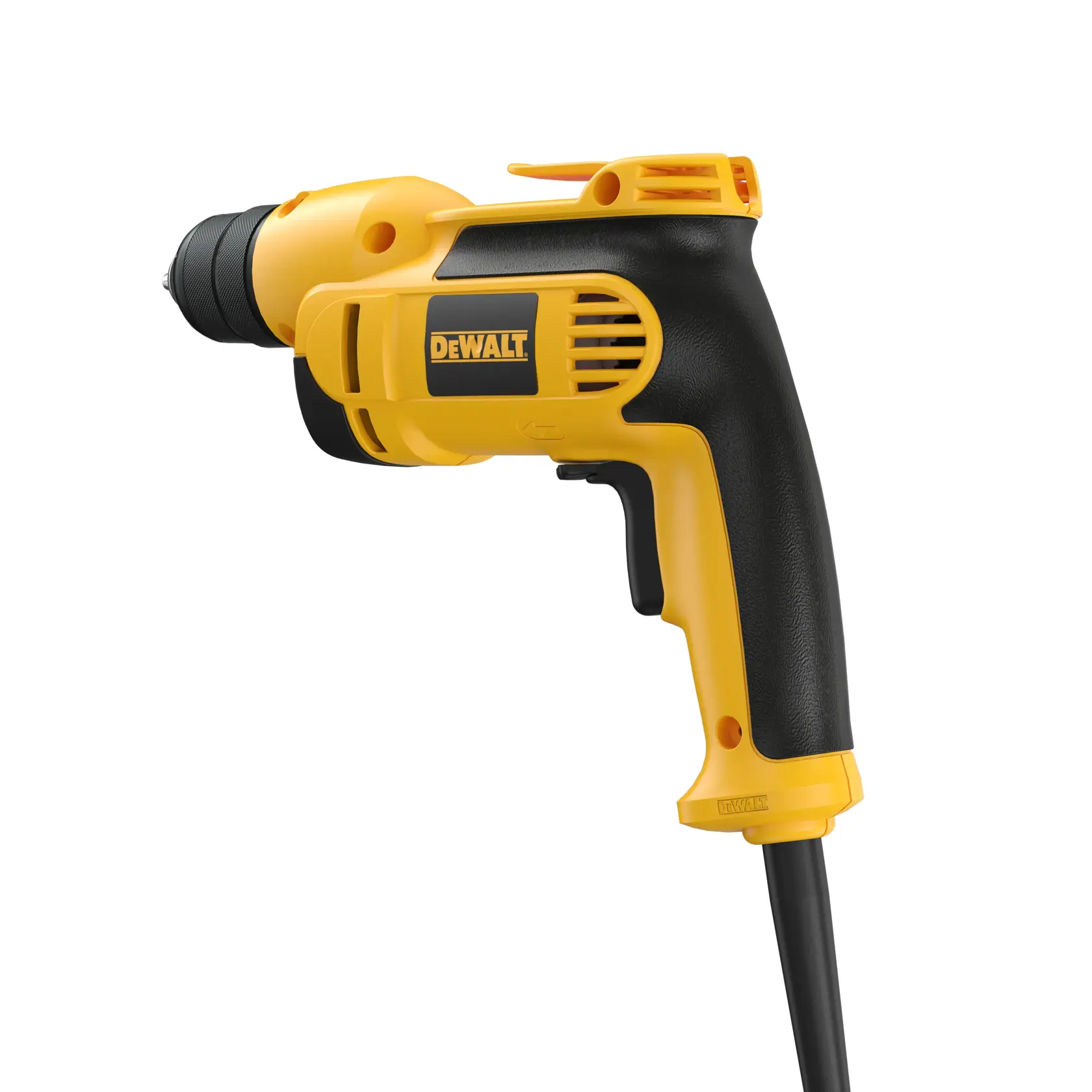 A yellow and black DEWALT electric drill with a cord, shown in a side profile view.