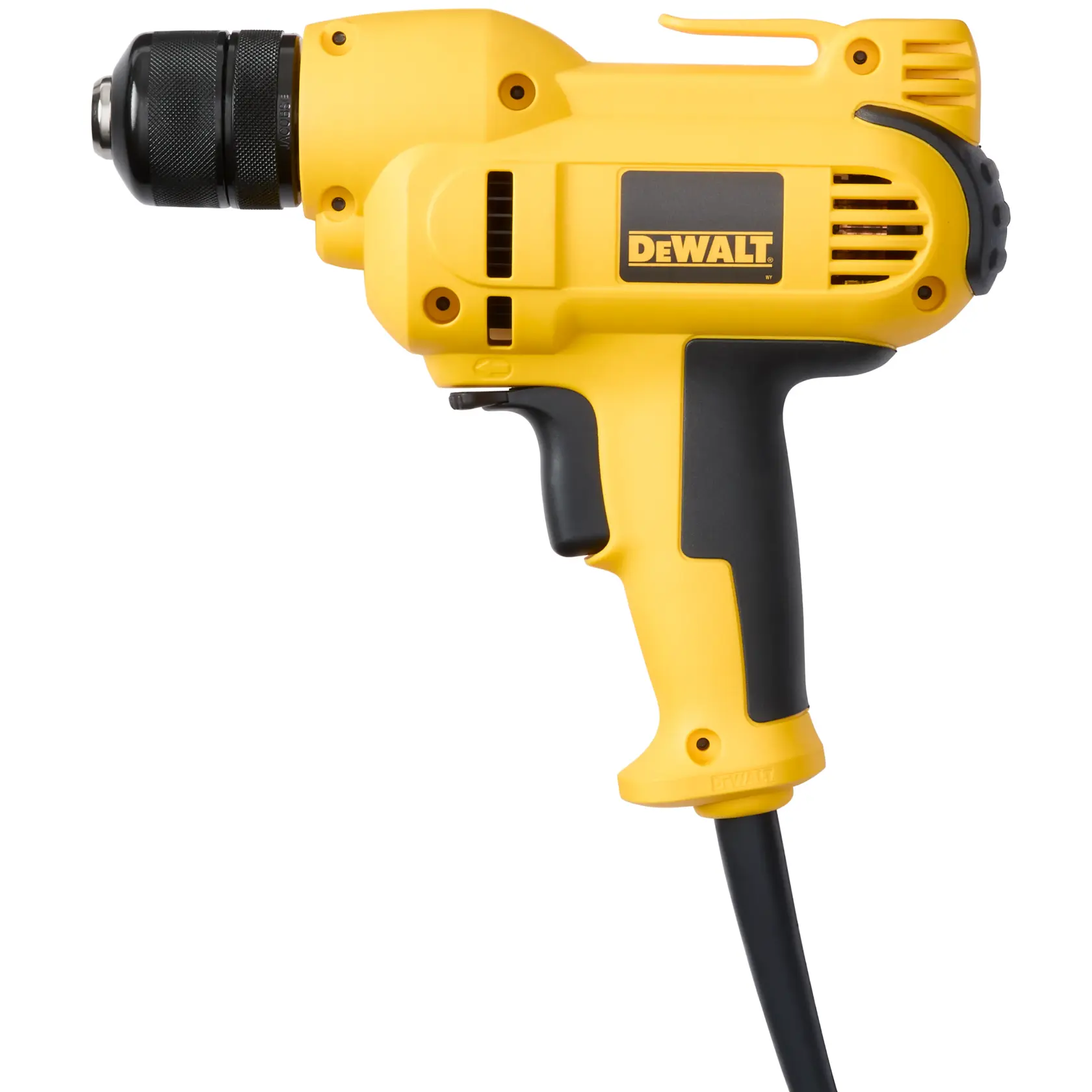 A yellow and black corded electric drill by DEWALT, shown from the side with the brand logo visible on the casing.