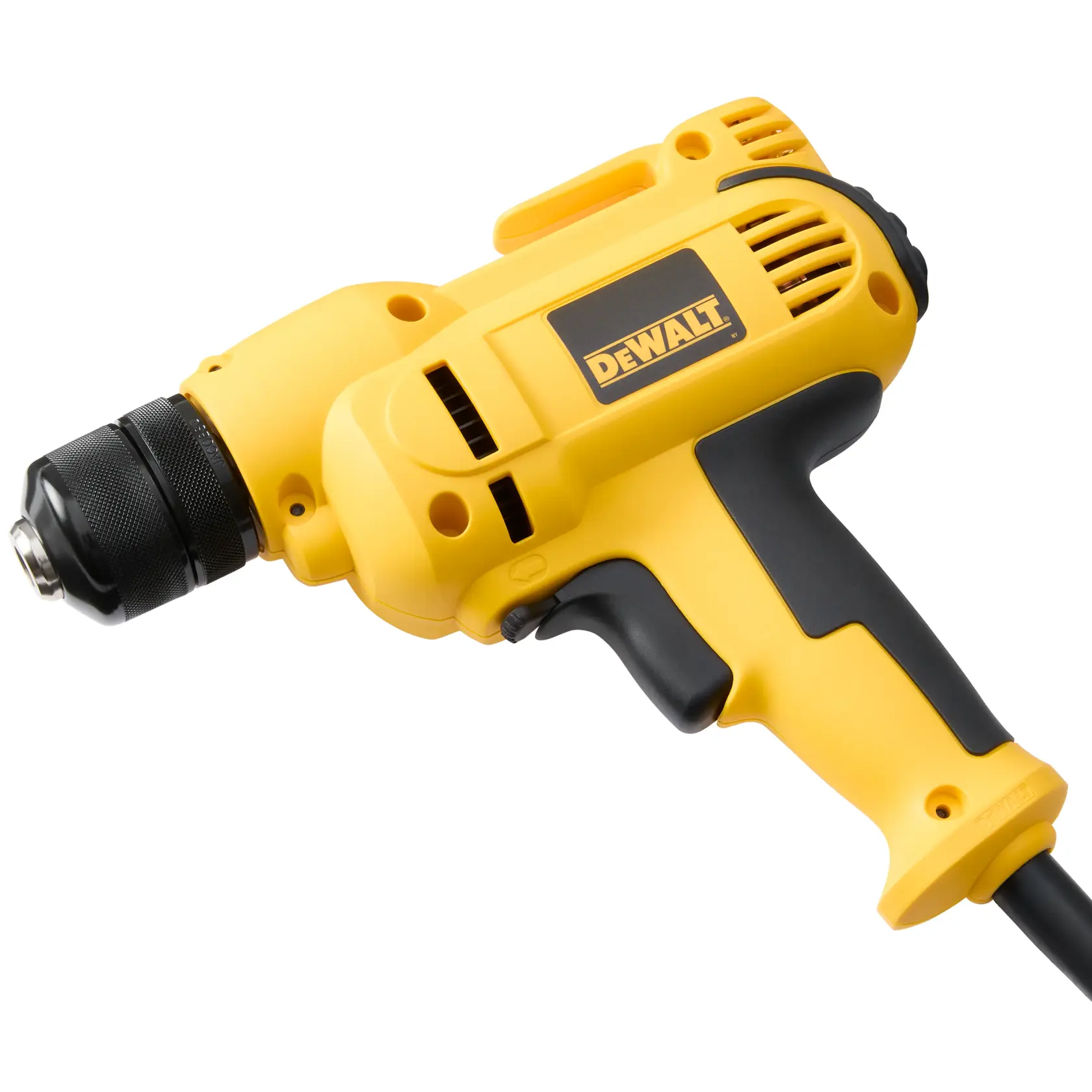 A yellow and black DEWALT corded electric drill with a pistol grip, shown against a white background.