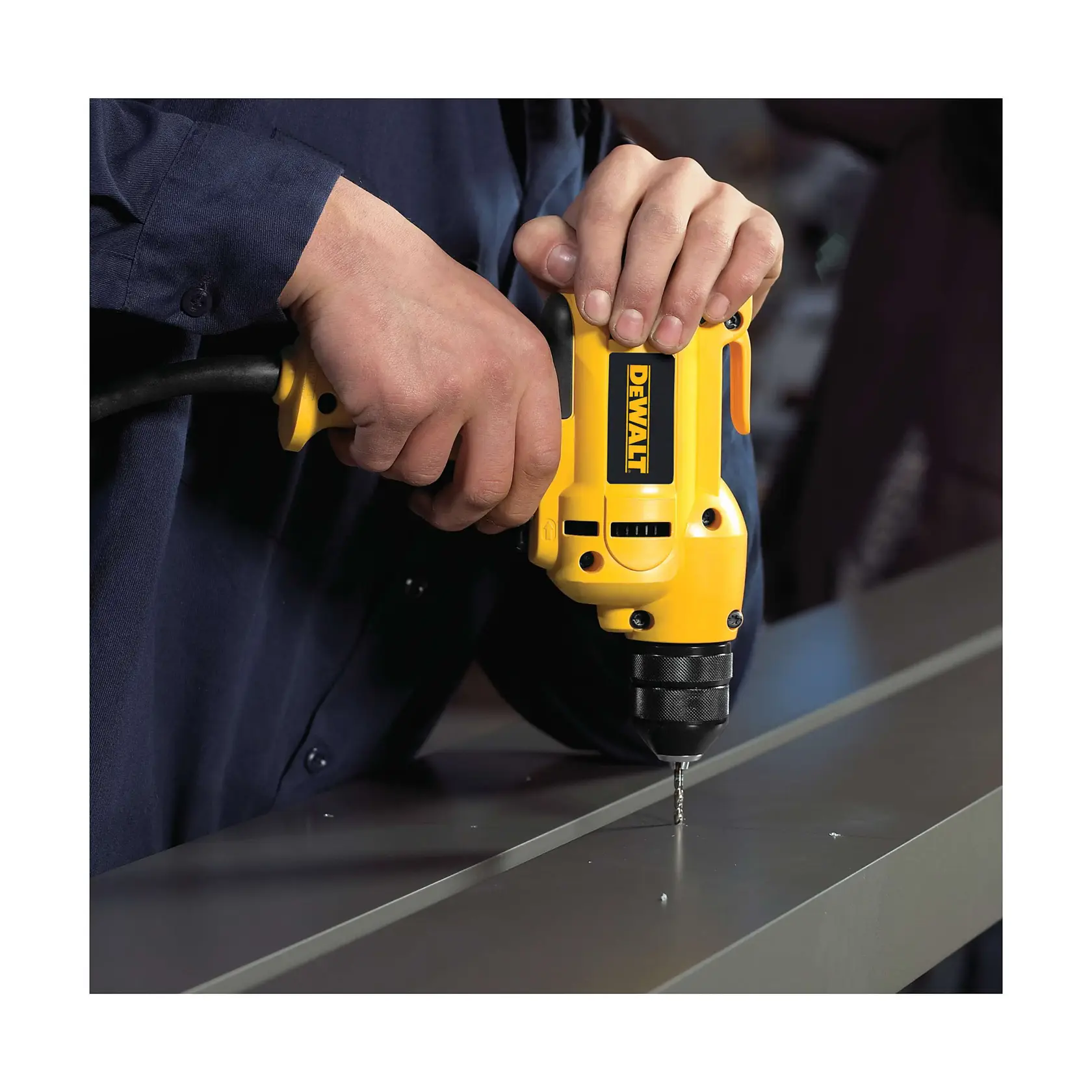 A yellow DEWALT electric drill with an 8 amp motor and 3/8 inch keyless chuck, shown with a black handle. The image includes information about the tool kit contents and storage case.