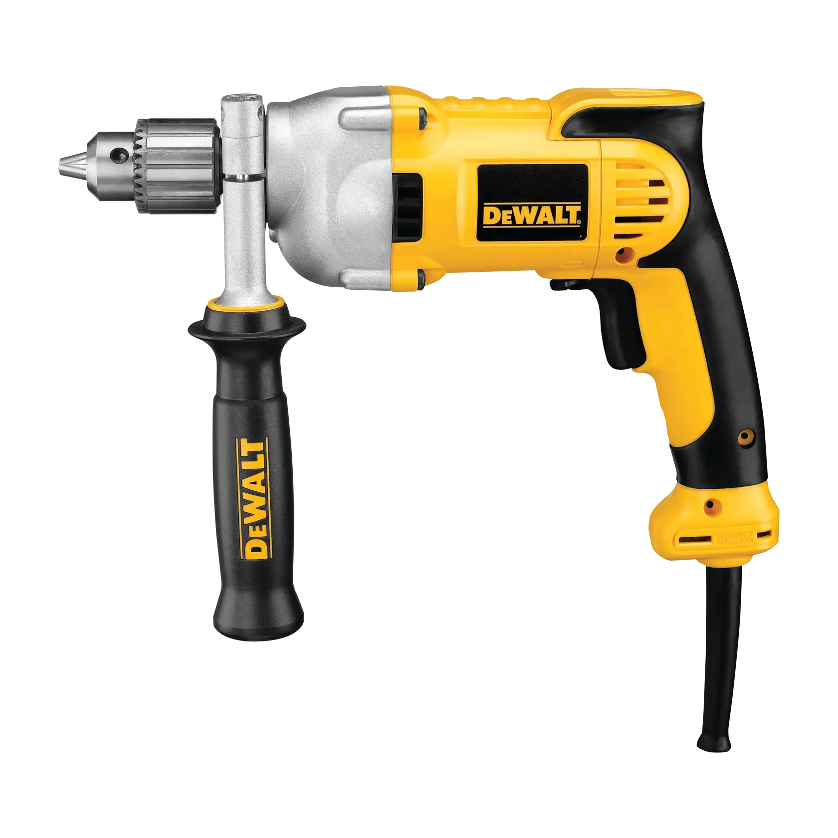 A yellow and black DEWALT electric corded drill with a side handle and metal chuck, seen on a white background.