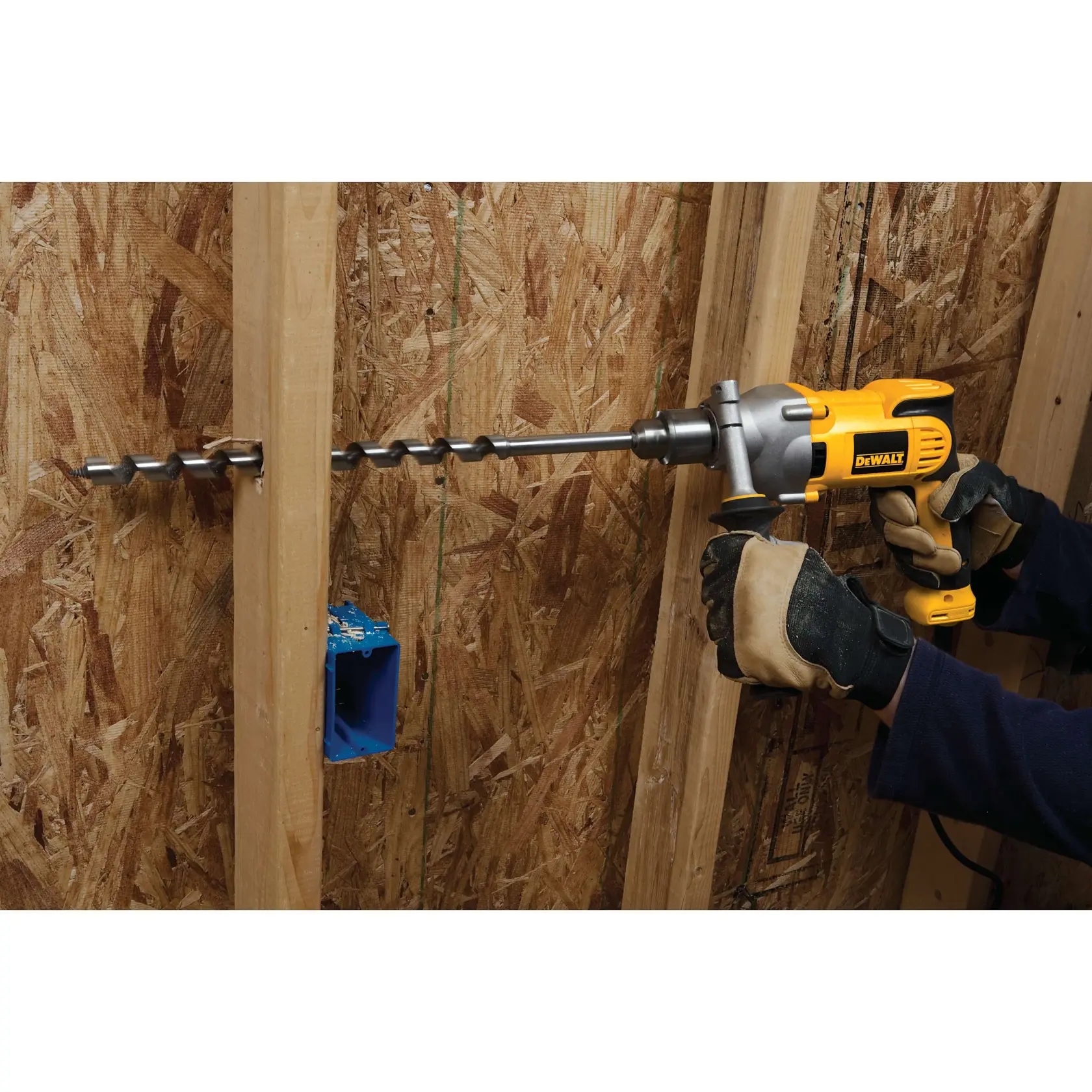 A DEWALT DWD210G corded power drill is shown against a white background, with labeled features pointing to the metal gear housing, soft grip handle and two-finger trigger, 360-degree locking side handle, and variable speed reversing switch.