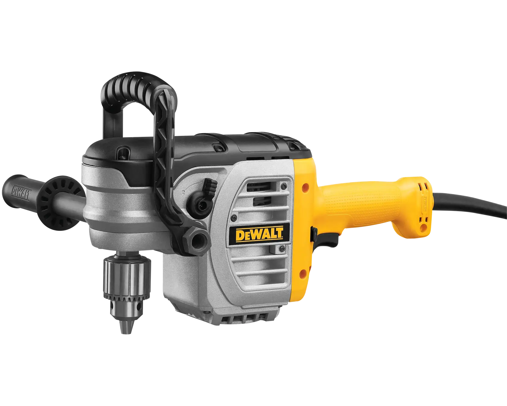A DEWALT heavy-duty electric drill with a yellow and black handle, side grip, and cord, designed for professional use.