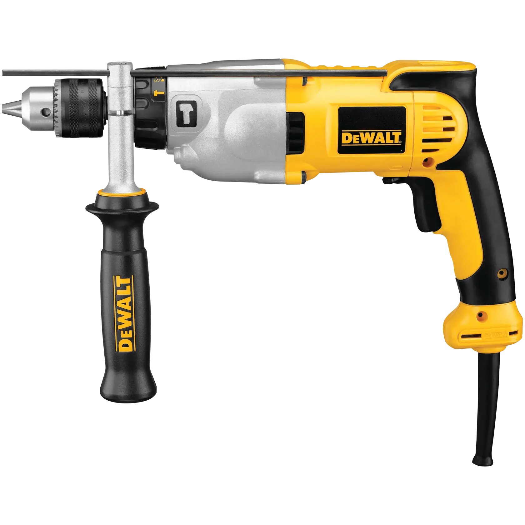 A DeWalt corded electric drill with a yellow and black handle and side grip, designed for heavy-duty drilling tasks.