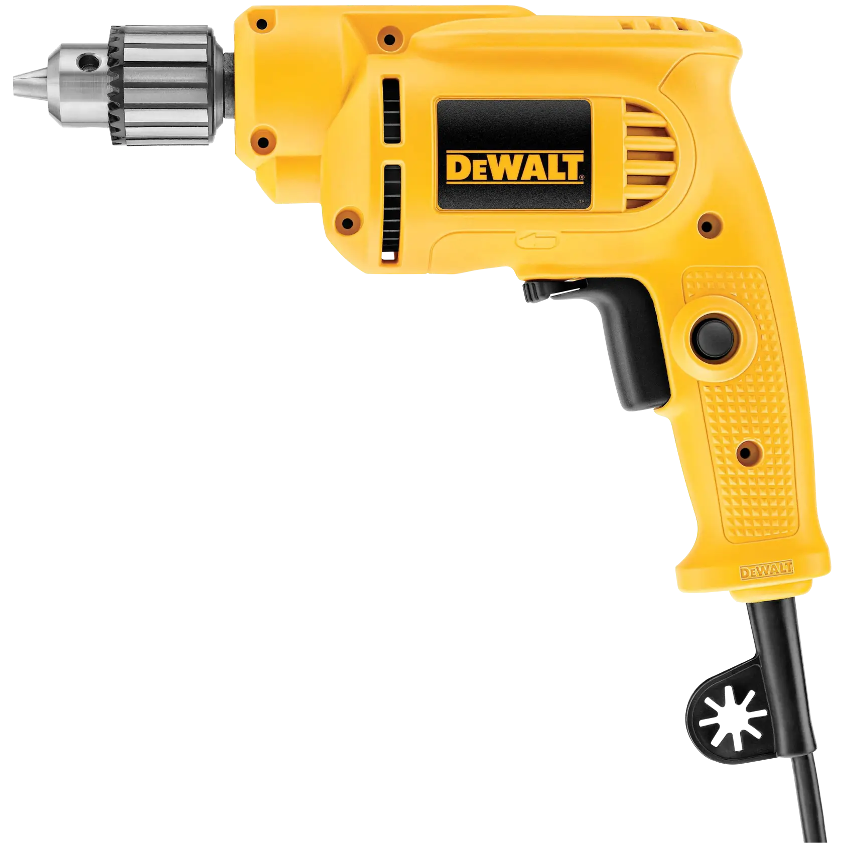 A yellow DEWALT corded electric drill with a black trigger and grip. The drill features a metal chuck and has the DEWALT logo displayed on the side.