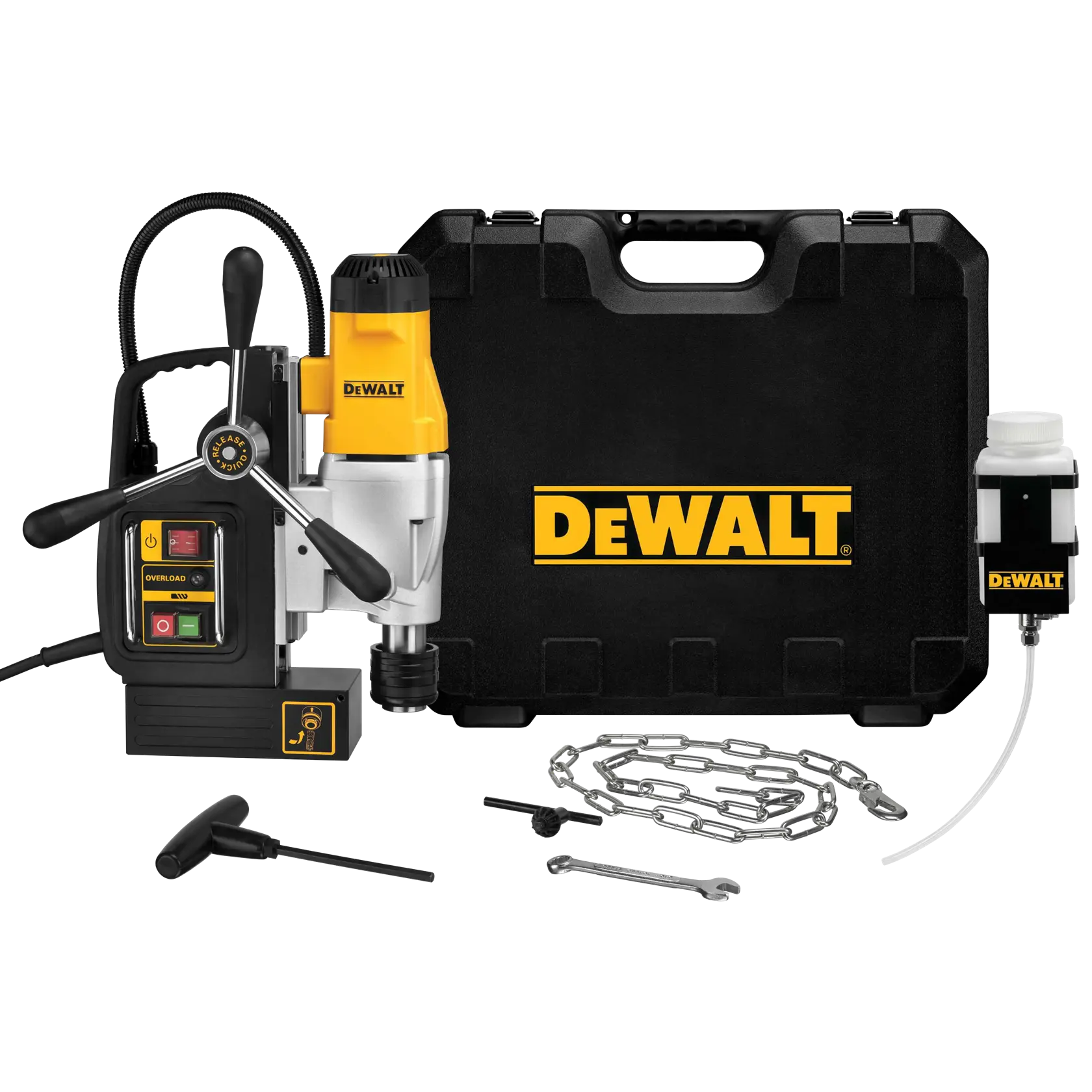 DEWALT DWE1622K magnetic drill press kit including the drill press, a black carrying case with DEWALT branding, a coolant bottle, a chain, a wrench, a T-handle tool, and other accessories arranged in front of the case.