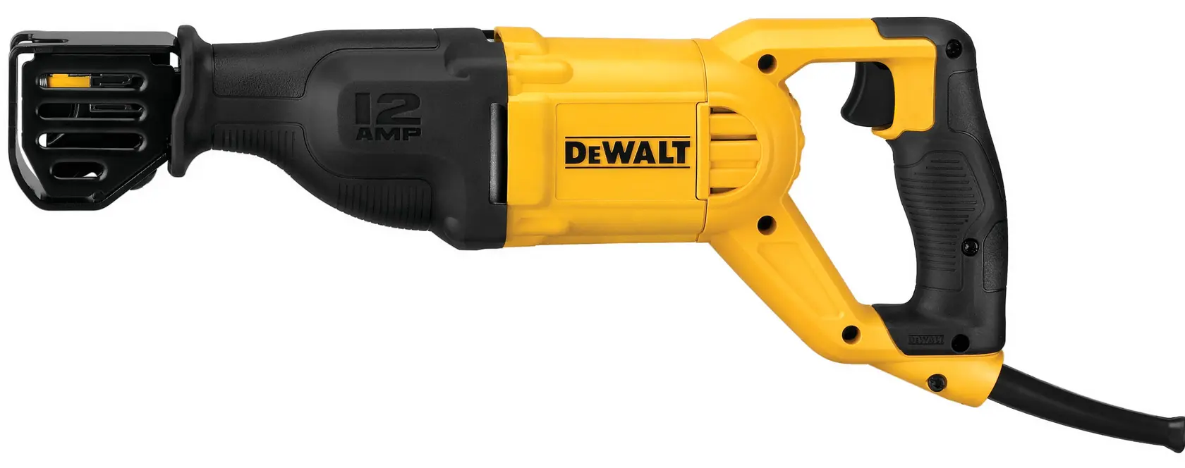 A yellow and black DEWALT reciprocating saw with a 12 AMP rating, shown on a white background.
