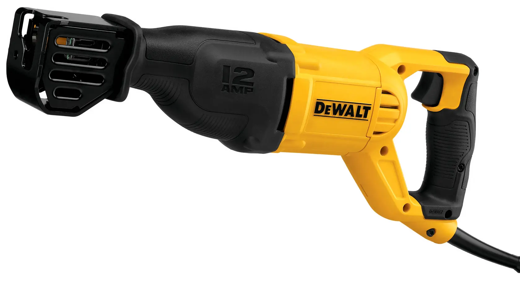A DEWALT DWE305 reciprocating saw with a yellow and black body, featuring a 12 amp rating. The tool has a handle with a trigger and a blade holder at the front.