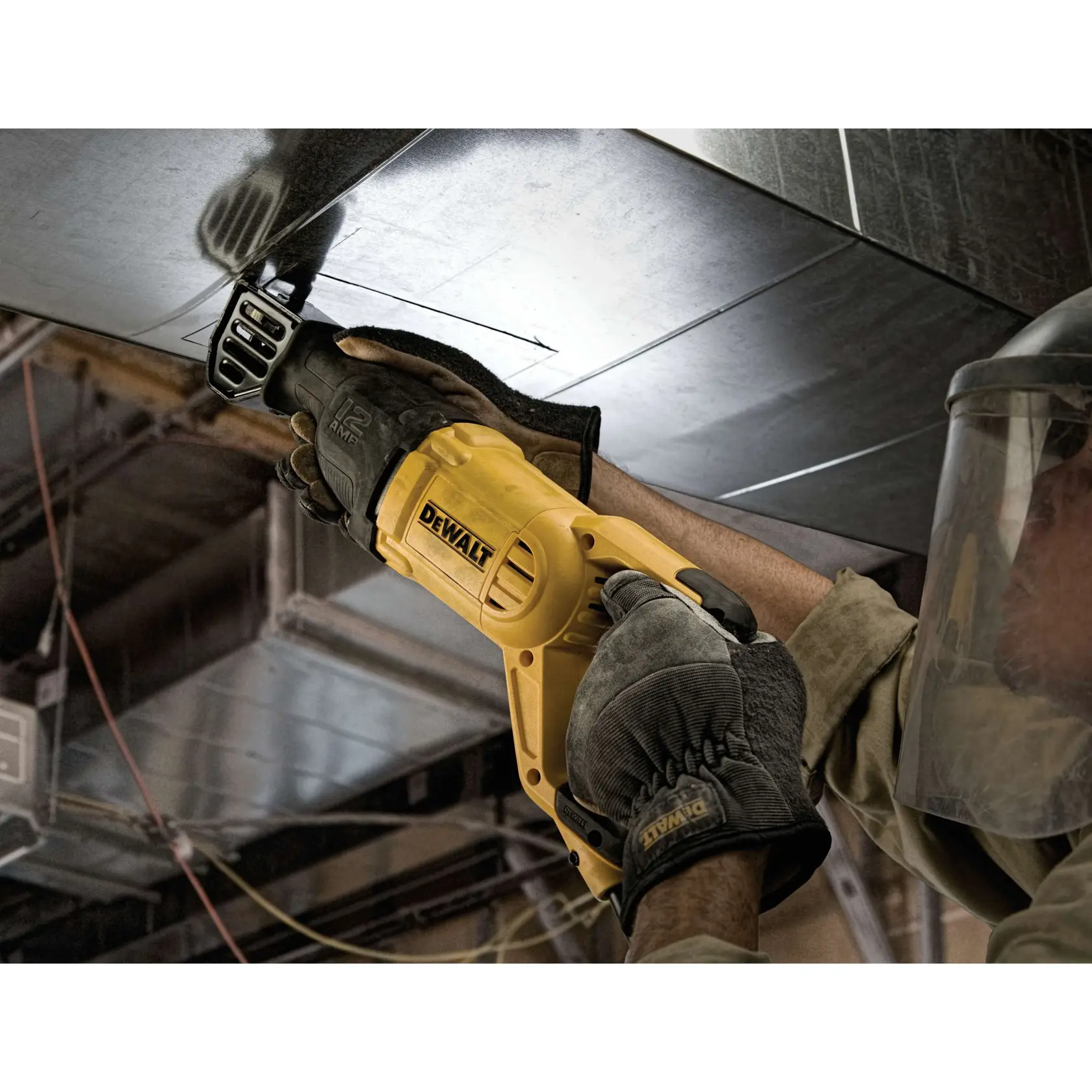 DEWALT DWE305 reciprocating saw shown with highlighted features: 4-position blade clamp, variable speed trigger, and 1-1/8 inch stroke length. Includes a 'Made in the USA with global materials' label.