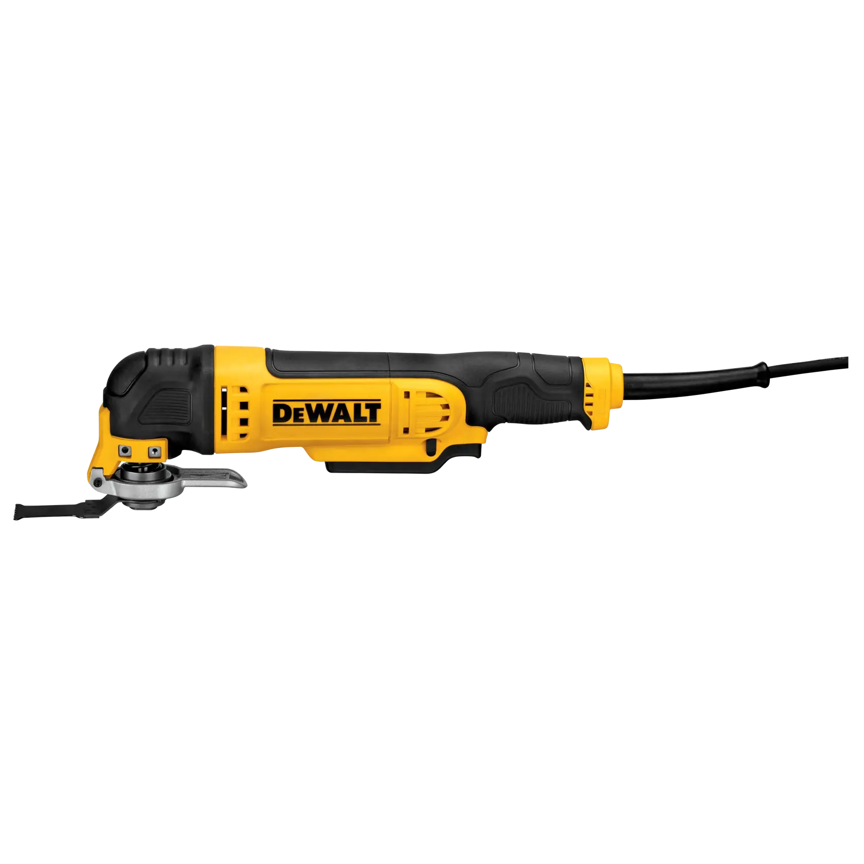 A DEWALT DWE315K electric oscillating multi-tool with a yellow and black body, shown with its power cord and cutting attachment.