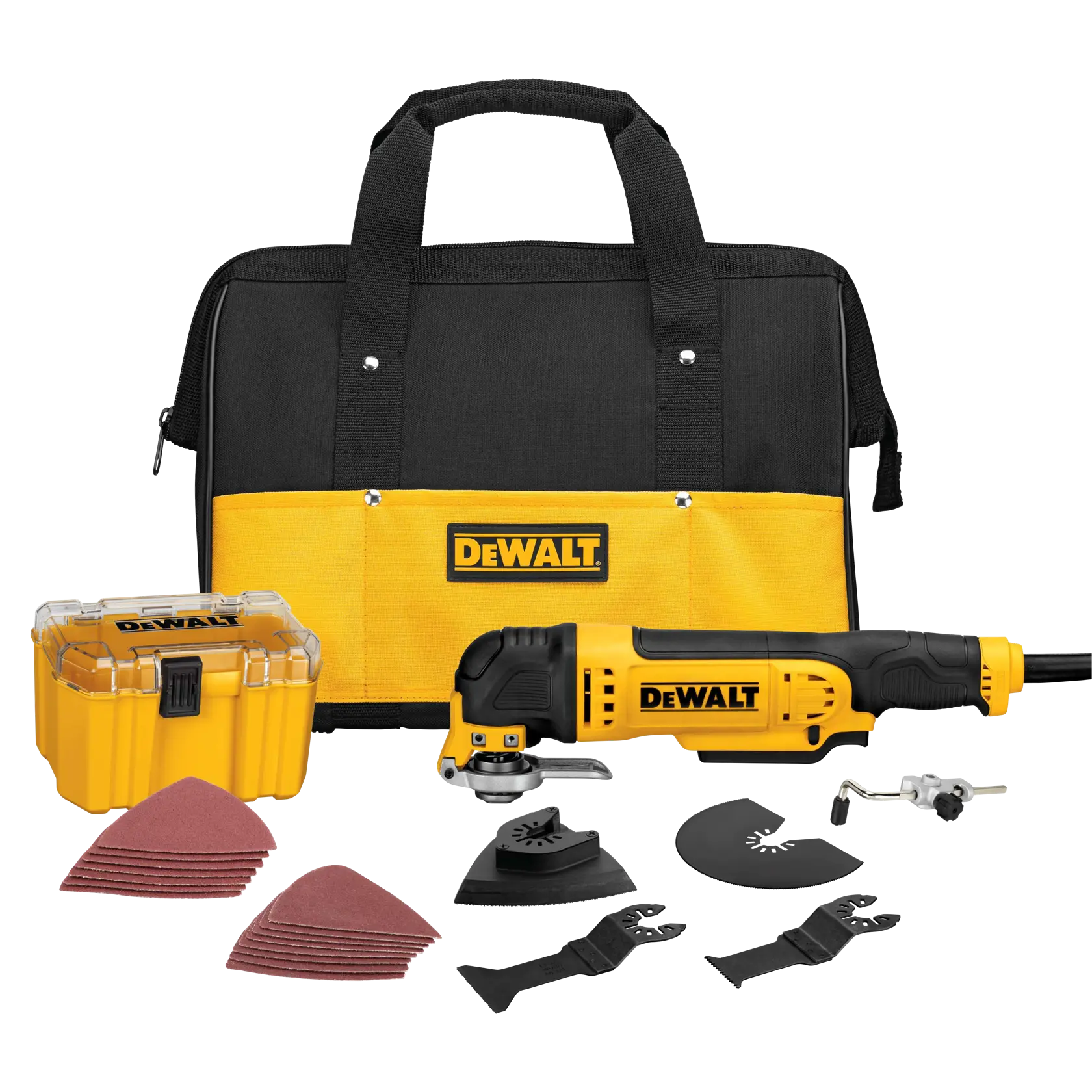 A DEWALT DWE315K multi-tool kit including an oscillating tool, sanding pads, several attachments, a yellow and black carrying bag, and a yellow storage box.