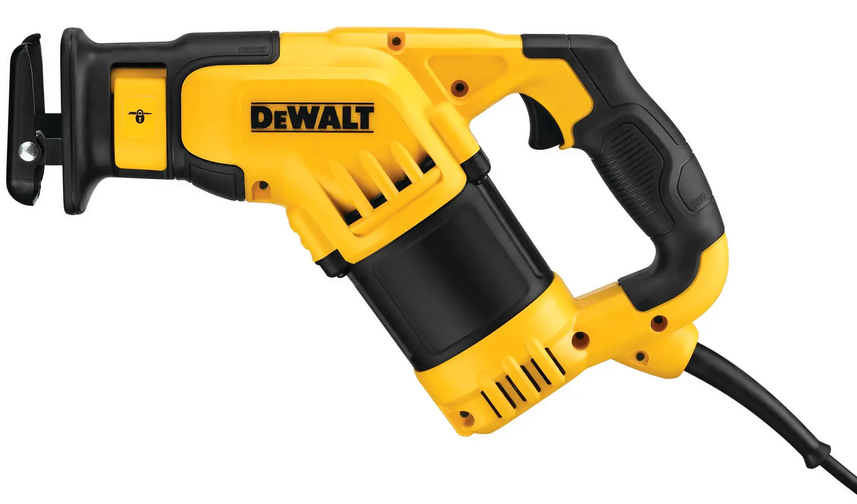 A DEWALT DWE357 corded reciprocating saw with a yellow and black design. The saw is shown from the side, highlighting its comfortable handle and durable construction.
