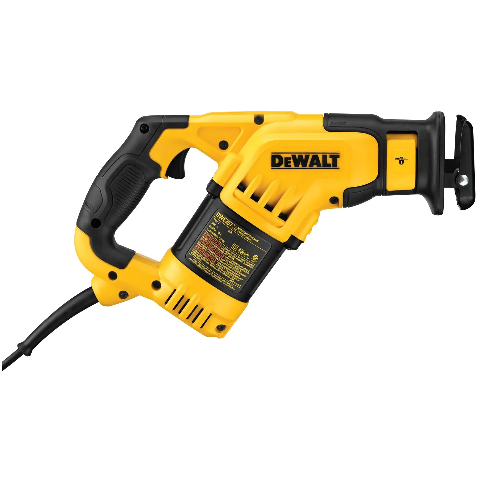 A yellow and black DEWALT DWE357 corded reciprocating saw with a pistol grip, shown on a white background.