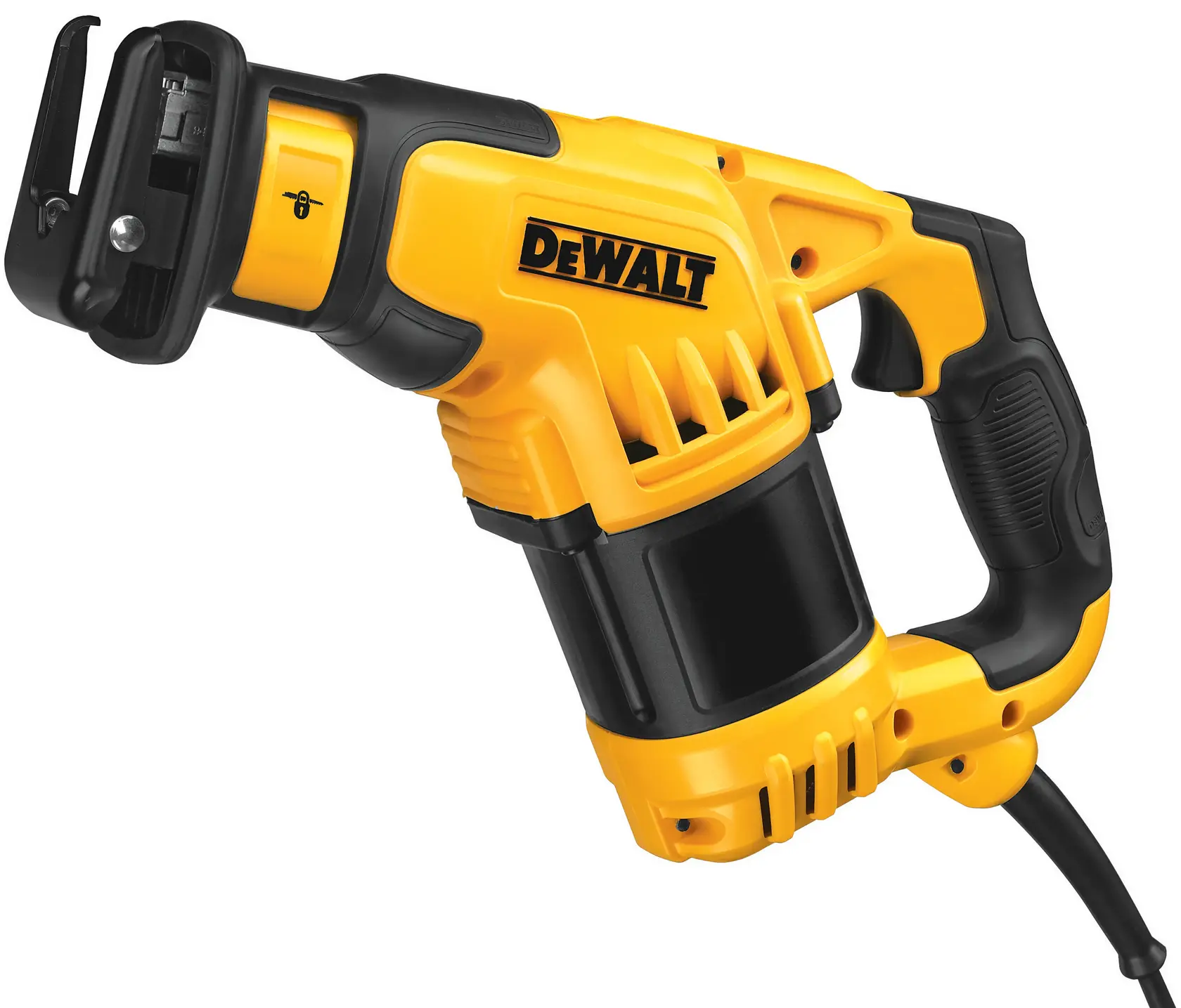 A DEWALT electric reciprocating saw with a yellow and black design, featuring a corded power connection and ergonomic handle.