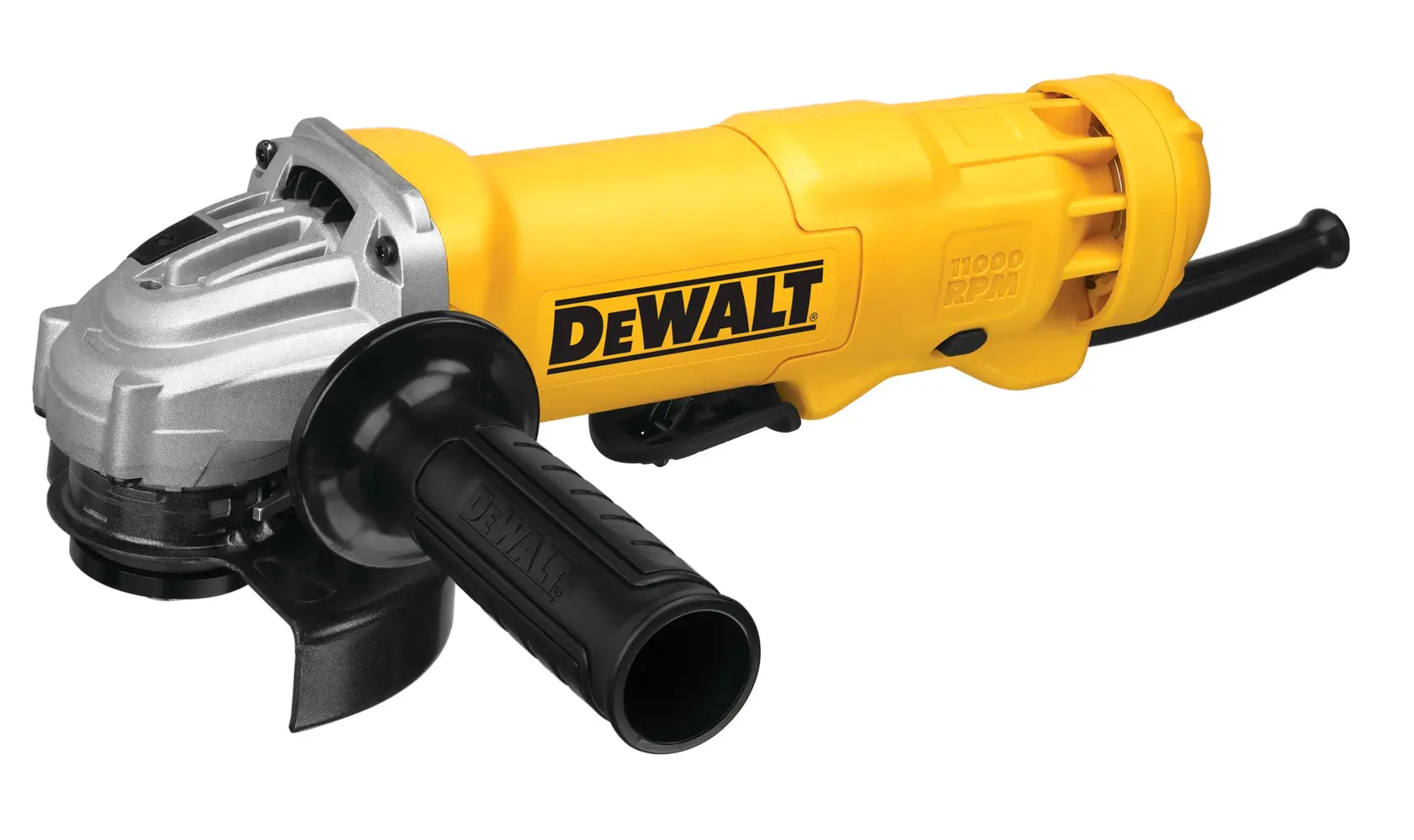 A DEWALT DWE402G yellow and black angle grinder with a side handle and power cord, designed for cutting and grinding tasks.