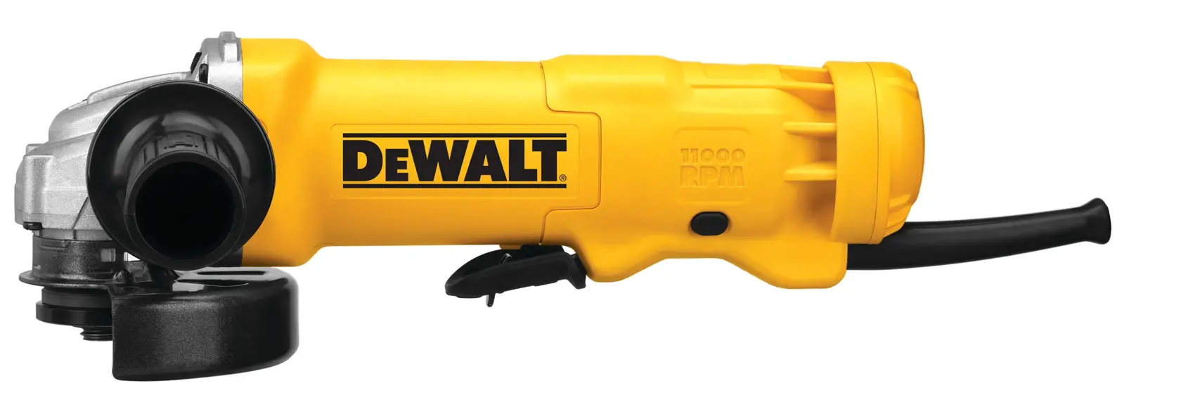 A yellow DEWALT-brand angle grinder with a side handle, visible power cord, and metal guard. The tool is shown against a white background.