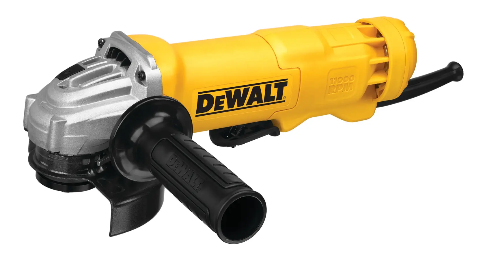 A yellow DEWALT handheld angle grinder with a black handle and metal grinding head, shown on a white background.