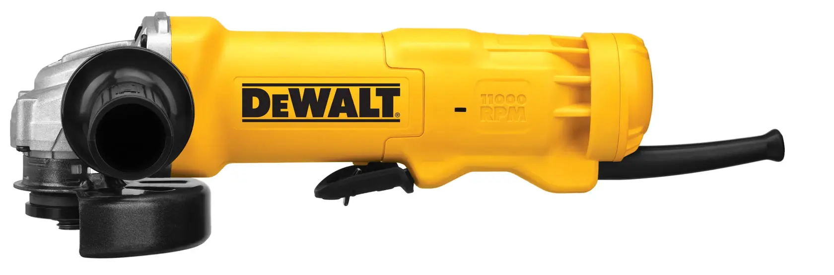 A yellow DEWALT angle grinder with a side handle and power cord, shown on a white background.