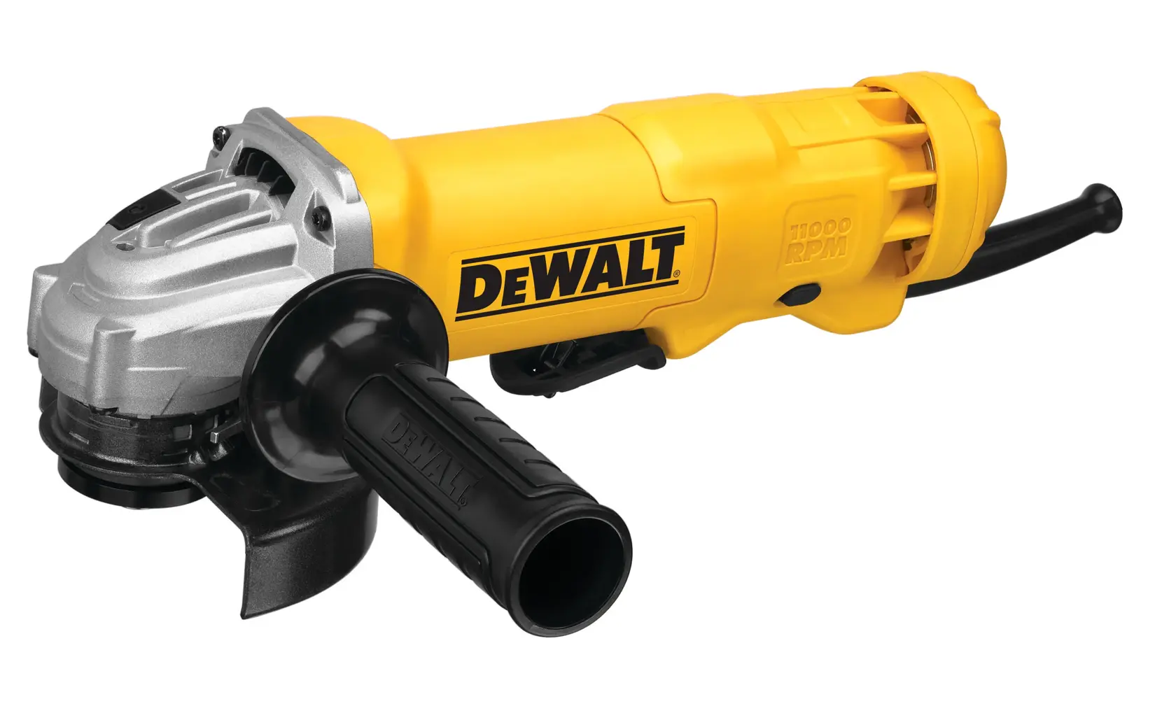 A yellow and black DEWALT angle grinder with a side handle and power cord, model DWE402.