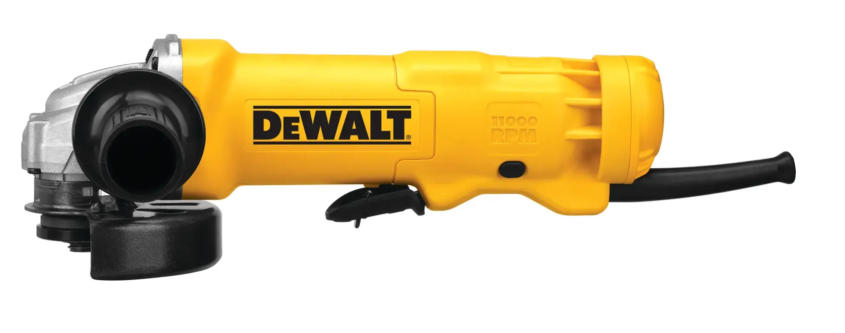 A DEWALT branded yellow angle grinder with a black handle and cord, shown on a white background.