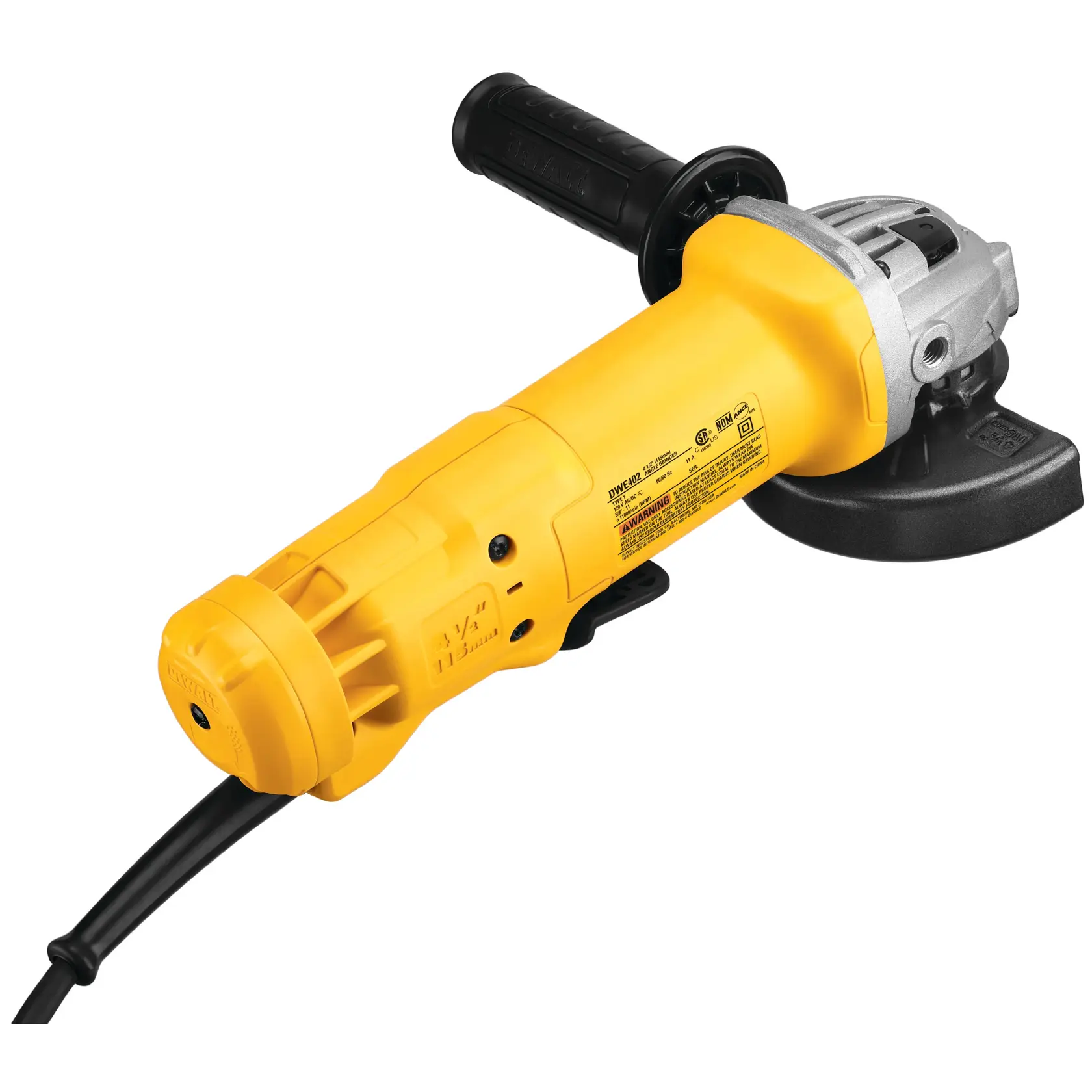 A yellow and black electric angle grinder with a cord, featuring a side handle and a protective guard around the disc. The tool is designed for grinding, cutting, and polishing various materials.