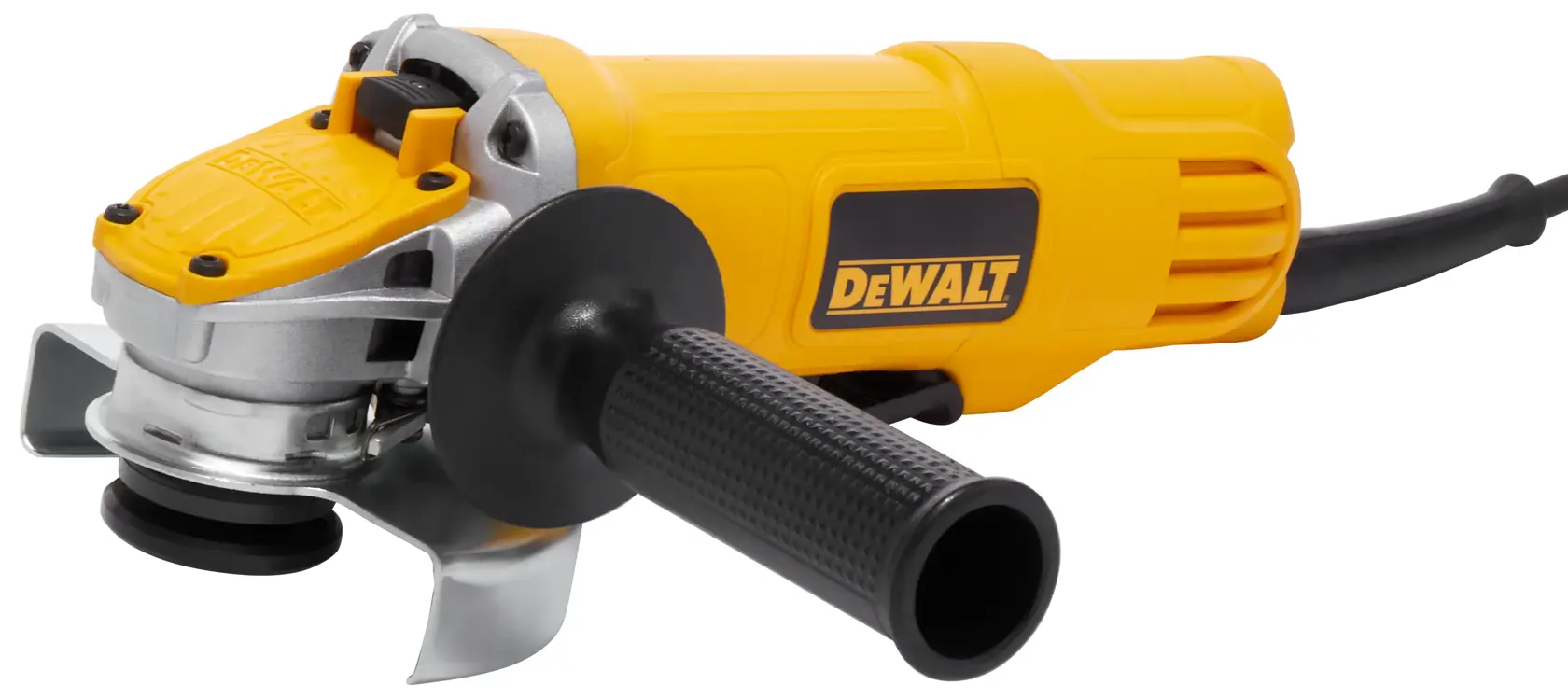A DEWALT DWE4120N angle grinder with a yellow and black body, detachable side handle, and power cord, shown on a white background.