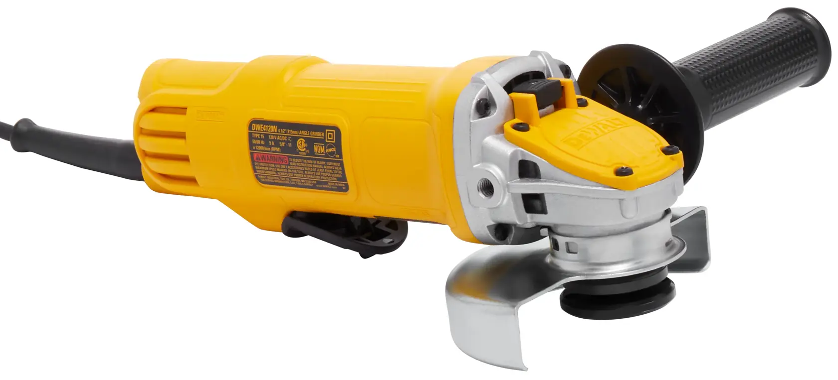 A yellow DEWALT angle grinder with a black side handle and a cord, shown against a white background.