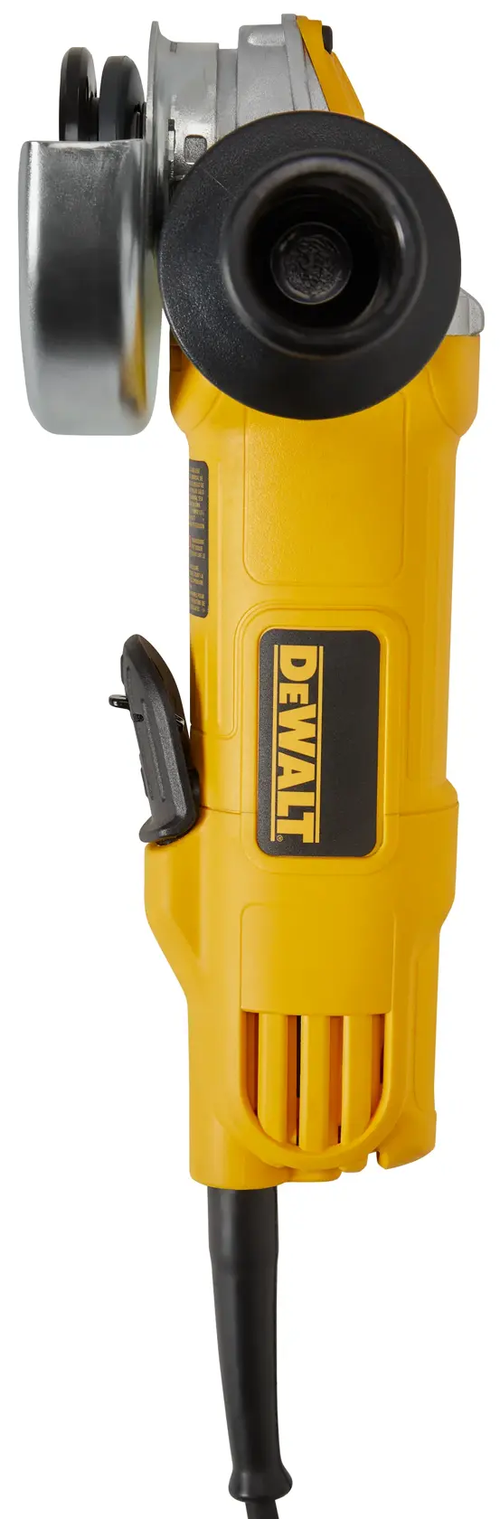 A yellow DEWALT angle grinder with a black handle and cord, shown from the side on a white background.