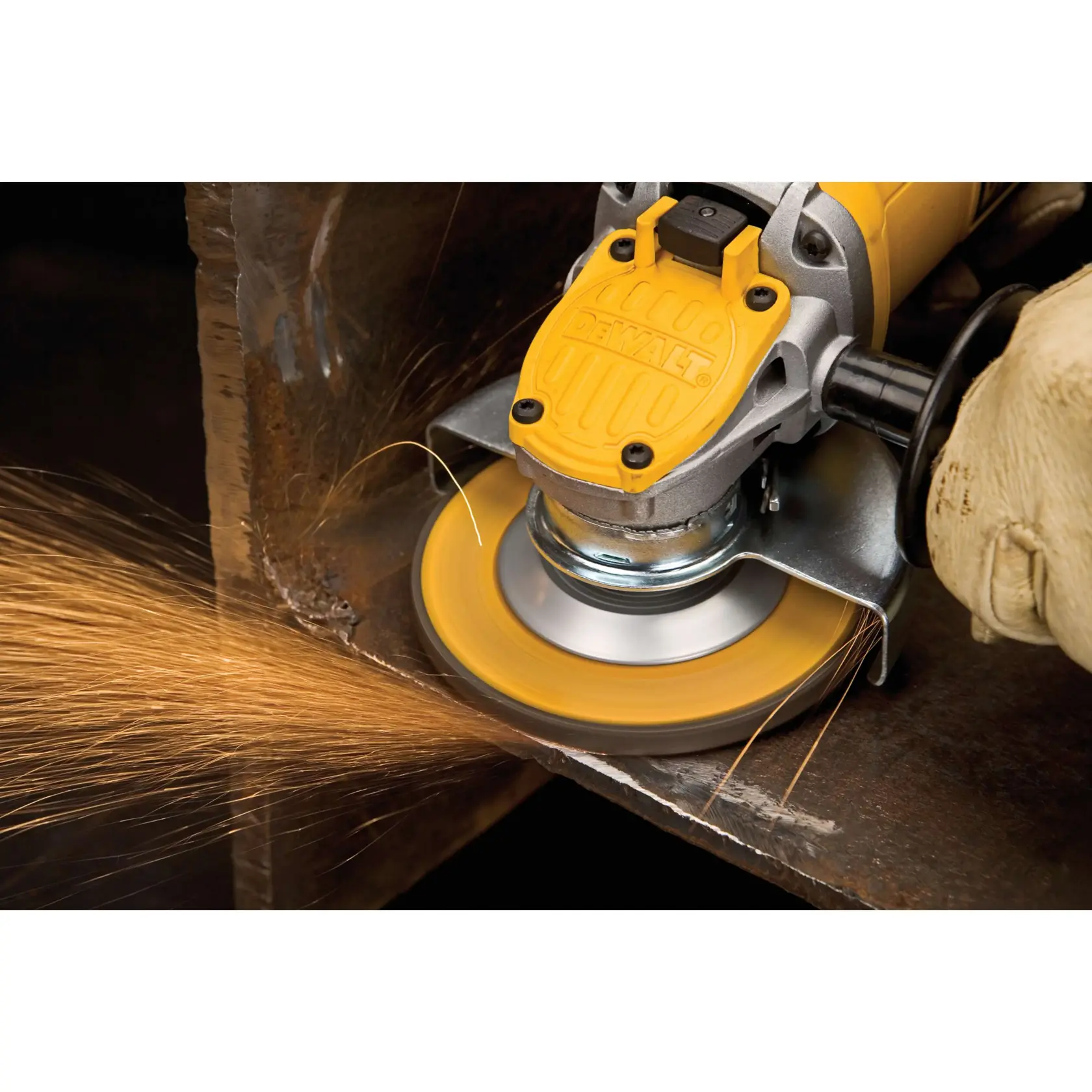 A DEWALT DWE4120 angle grinder with labeled features including a 5/8"-11 spindle thread, a 9 amp motor, quick-change wheel release, and a one-touch guard.