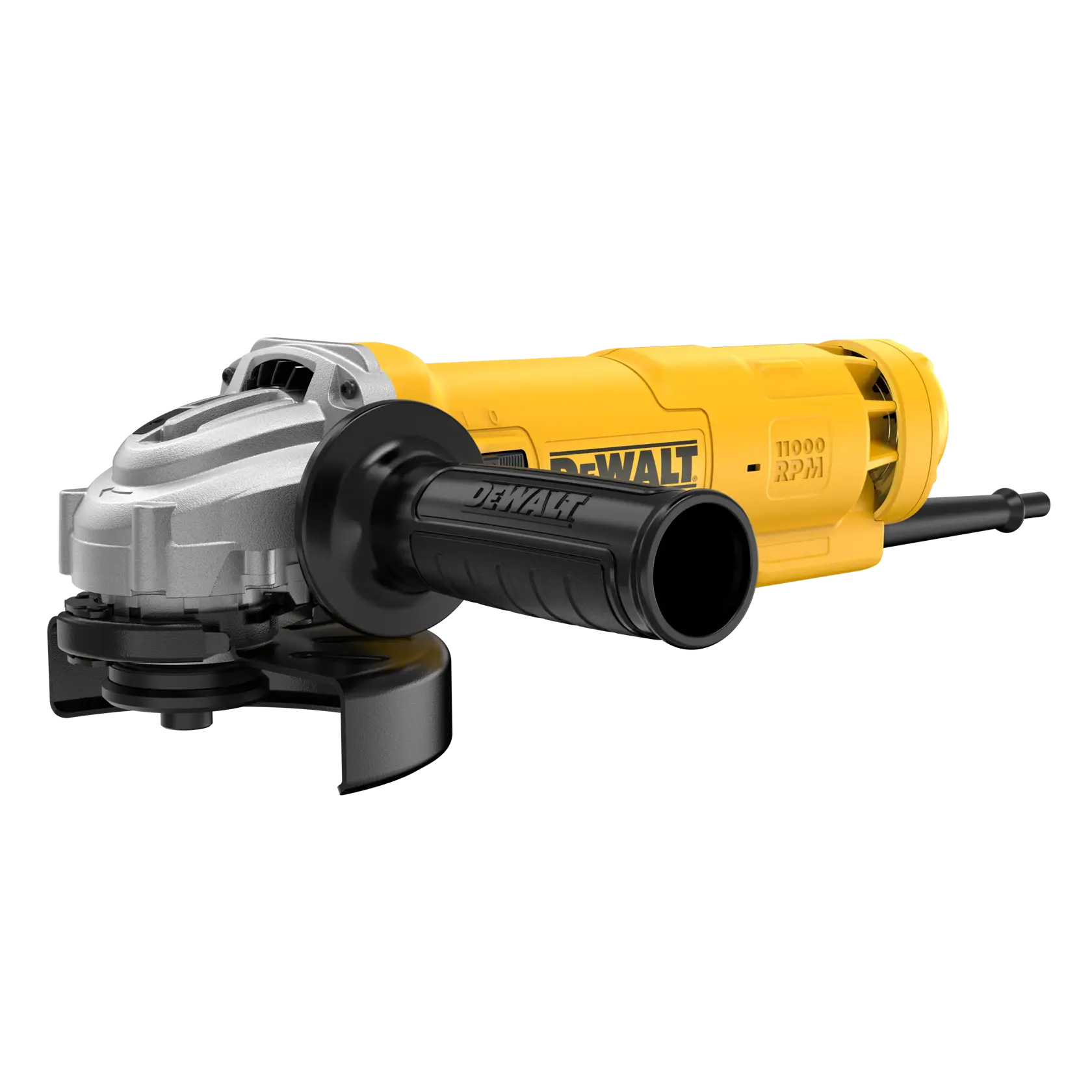 A yellow DEWALT angle grinder with a side handle, corded, and compact design.